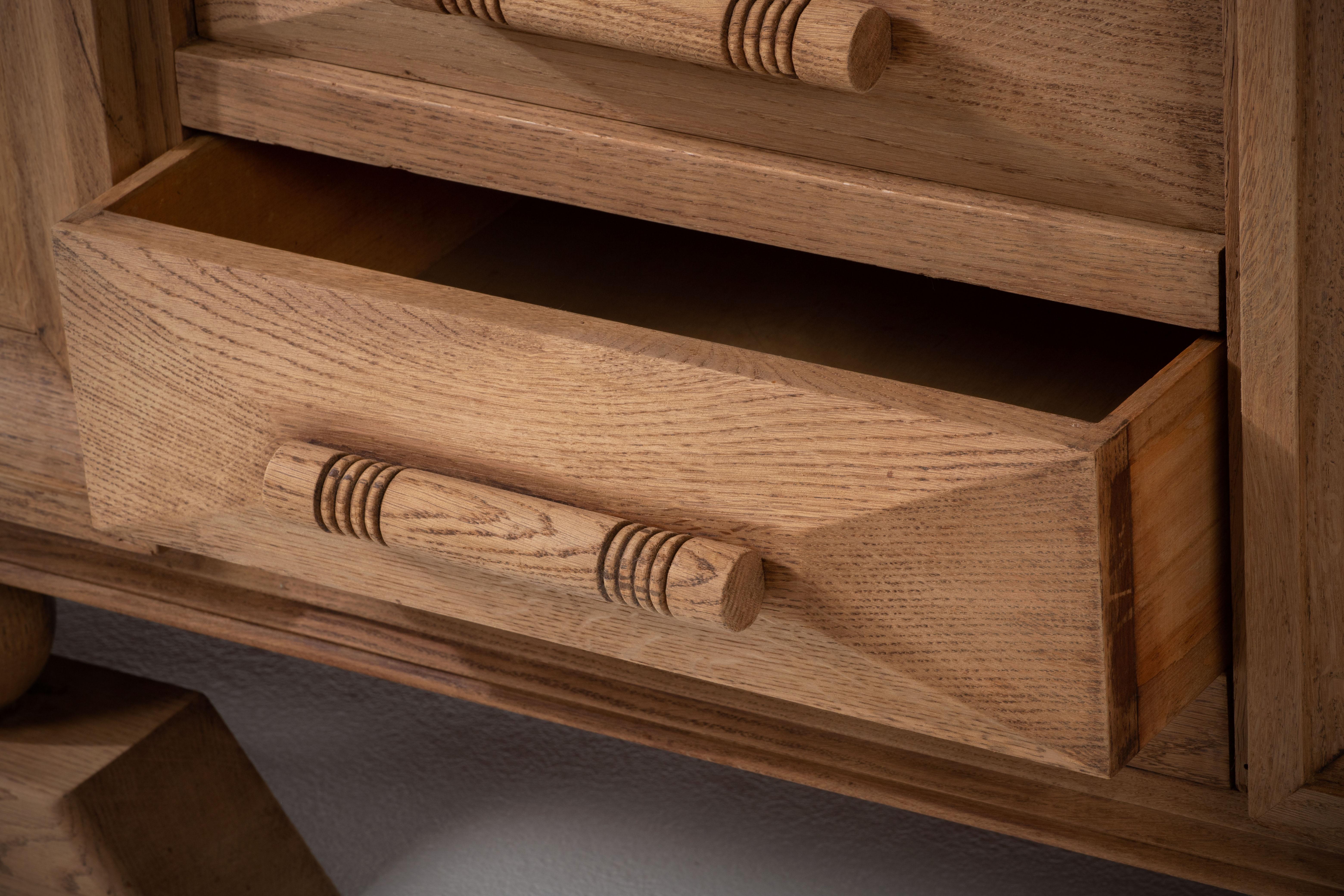 1940s France Brutalist Solid Oak Sideboard, Art Deco Credenza 3