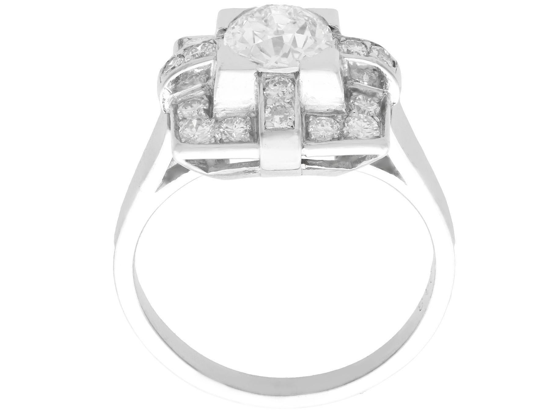 Old European Cut 1940s French 1.53 Carat Diamond and Platinum Art Deco Cocktail Ring For Sale