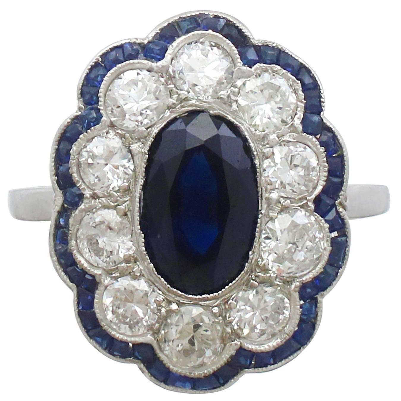 1940s French 1.66 Carat Sapphire and 1.60 Carat Diamond Platinum Cluster Ring