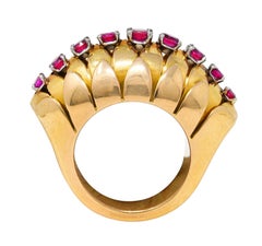 1940's French 1.70 Carats Retro Ruby 14 Karat Two-Tone Gold Platinum Fanned Ring