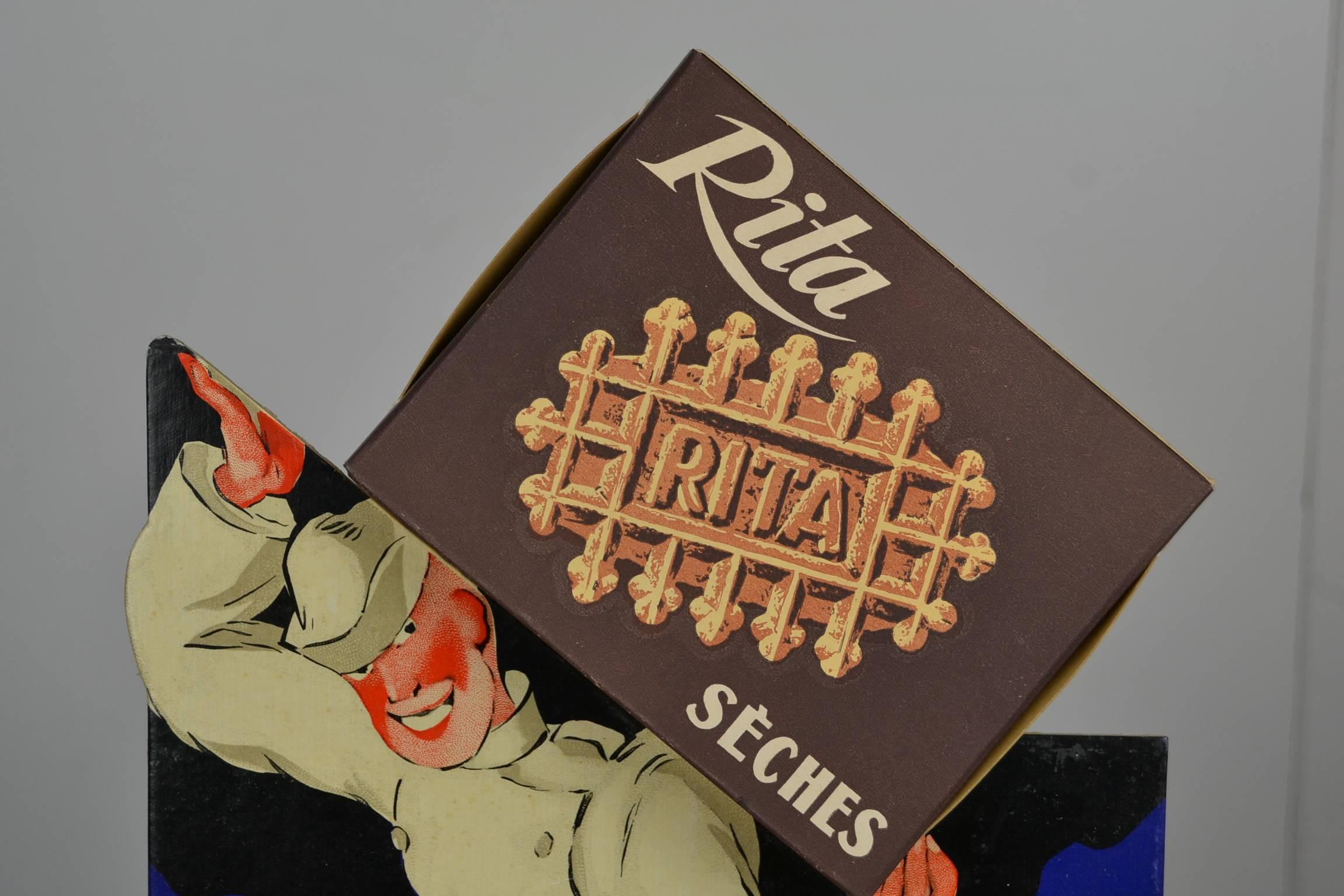 1940s French 3-D Litho Cardboard Advertising Sign for Rita Waffles, Leon Dupin 3