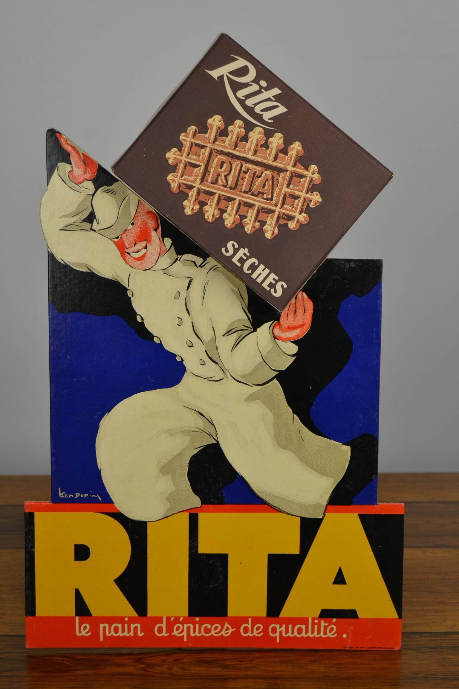 1940s French 3-D Litho Cardboard Advertising Sign for Rita Waffles, Leon Dupin 4