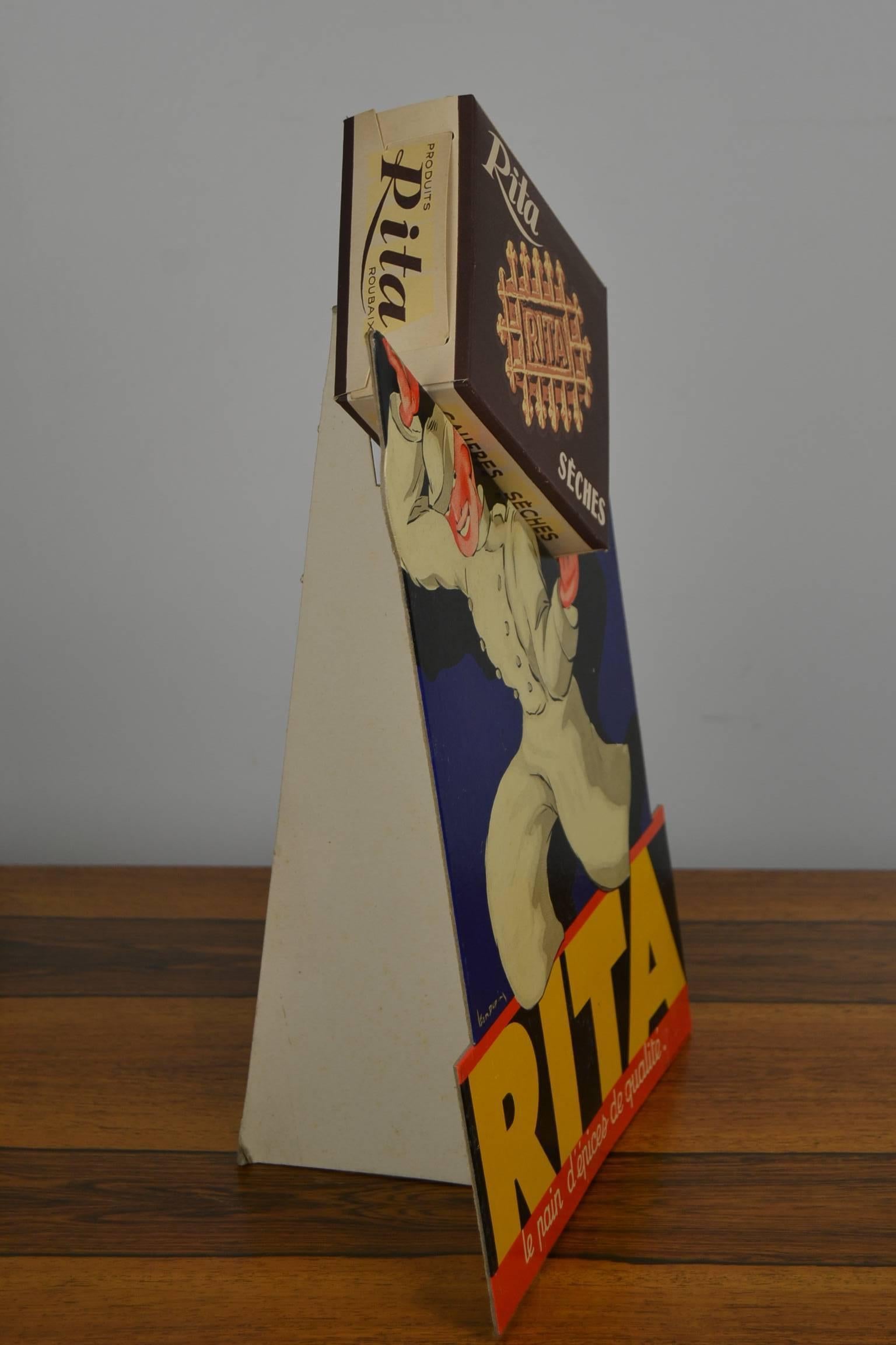 Mid-Century Modern 1940s French 3-D Litho Cardboard Advertising Sign for Rita Waffles, Leon Dupin