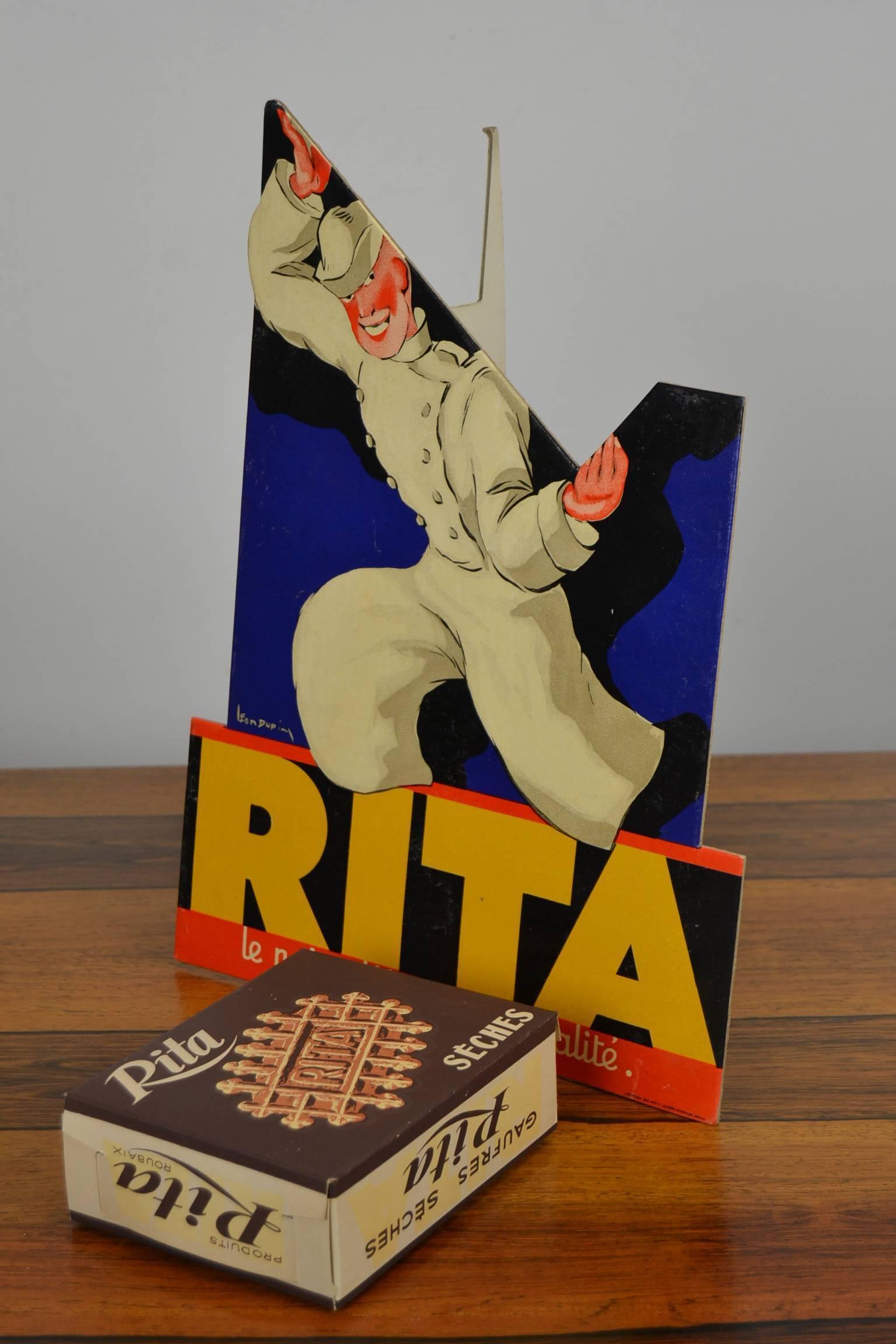 20th Century 1940s French 3-D Litho Cardboard Advertising Sign for Rita Waffles, Leon Dupin
