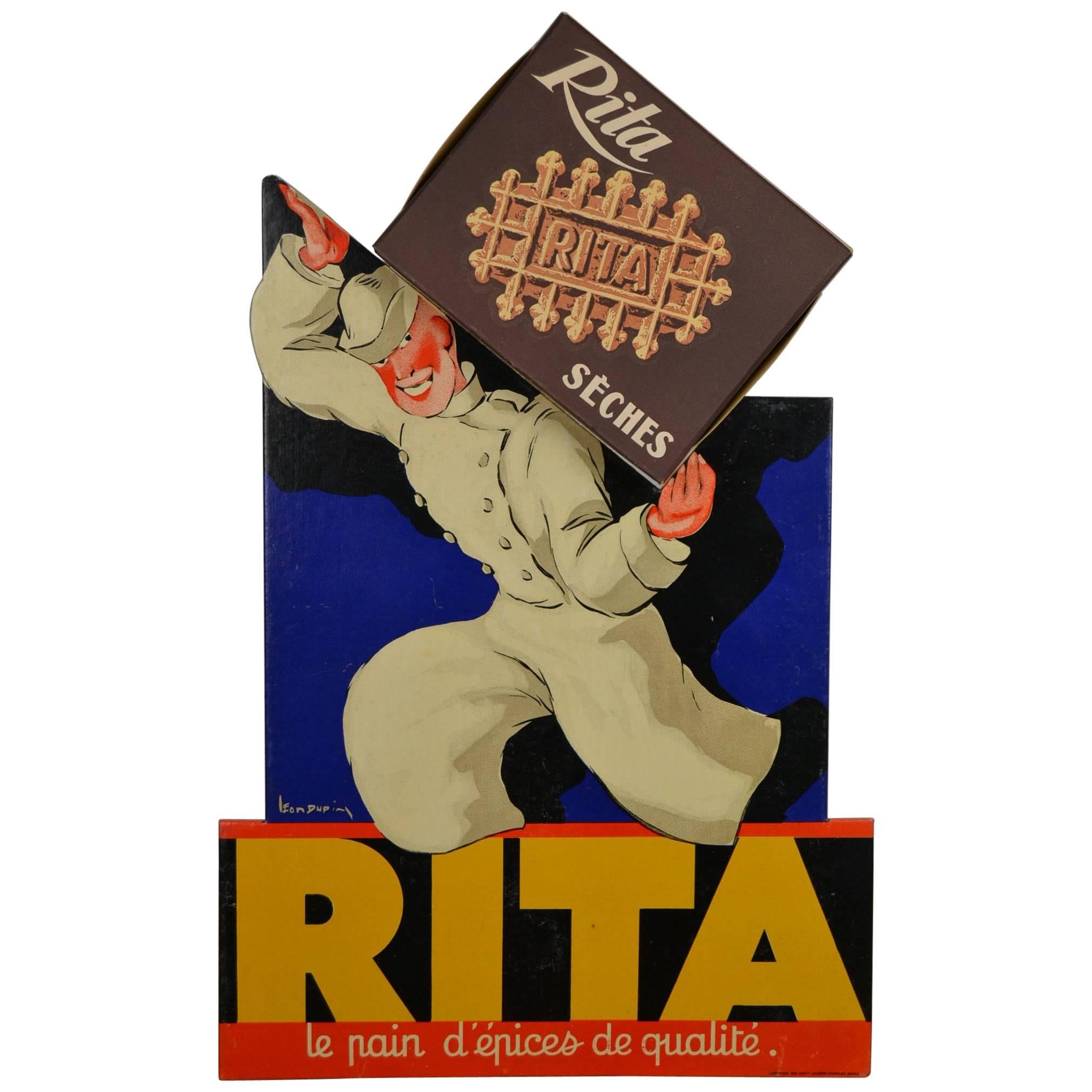 panneau publicitaire français des années 1940 en carton litho 3-D pour les gaufres Rita:: Léon Dupin
