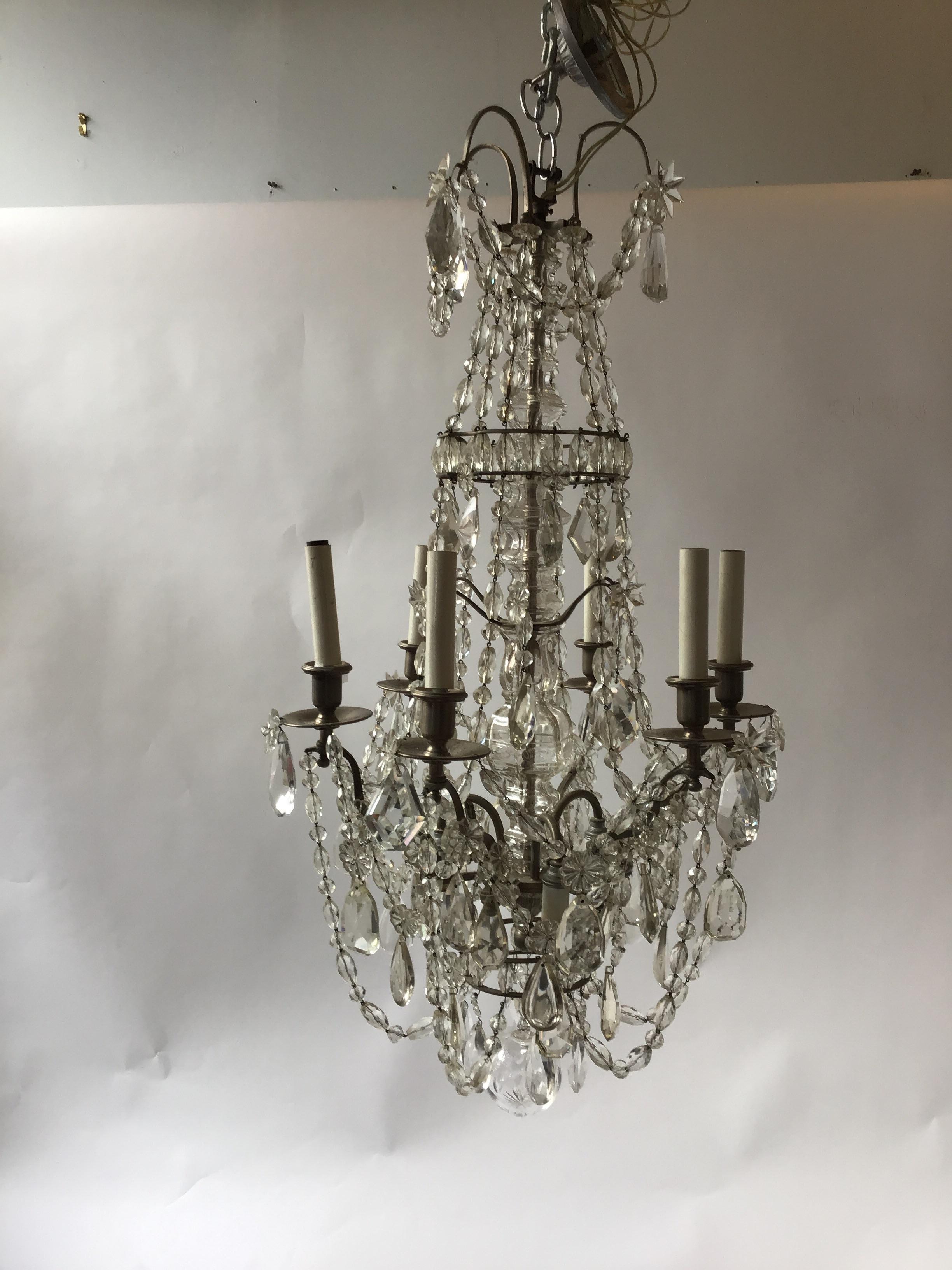 1940s French crystal 6-arm chandelier from a Park Avenue apartment. Very elegant.