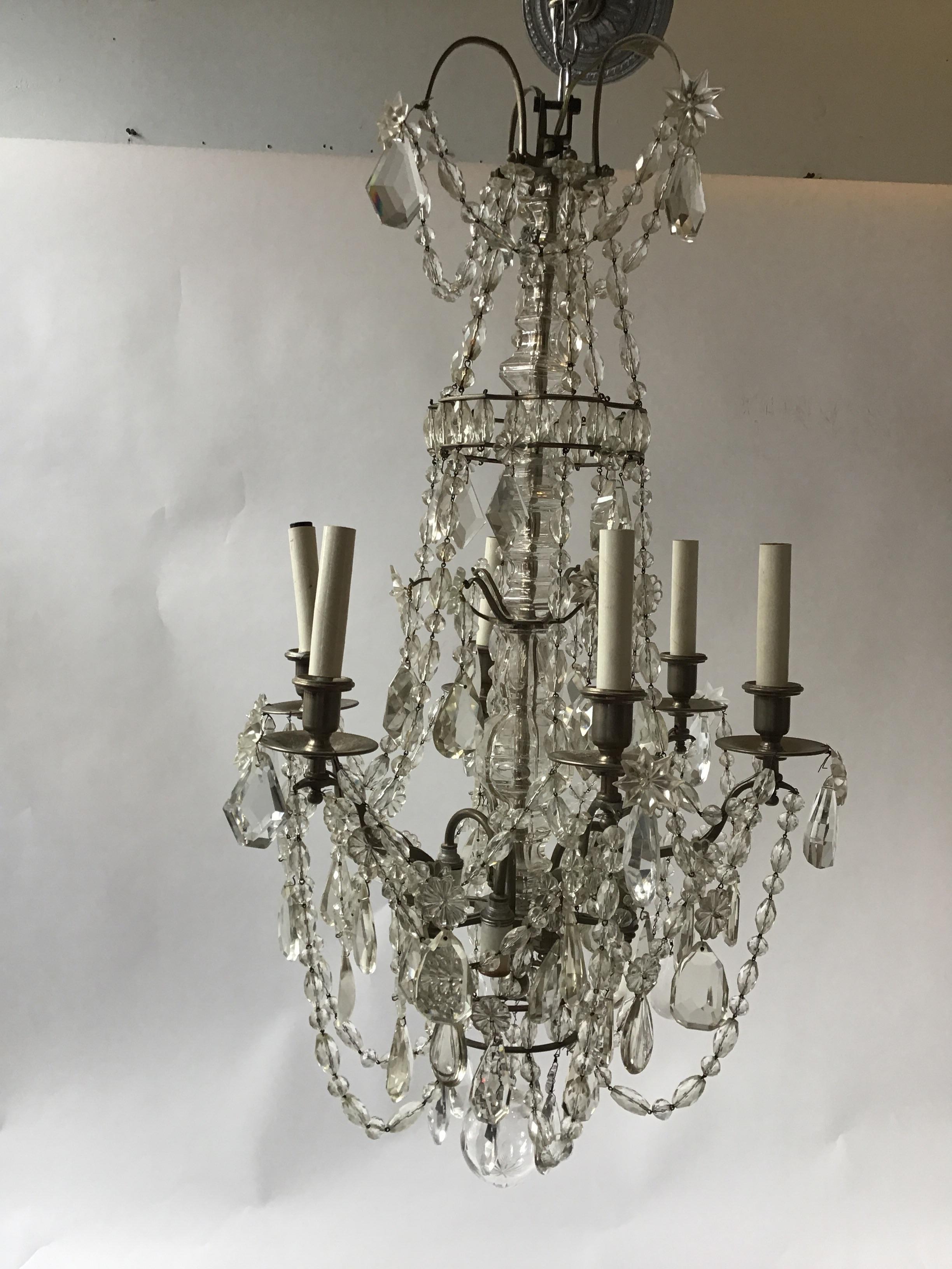 1940s French 6-arm Crystal Chandelier In Good Condition For Sale In Tarrytown, NY