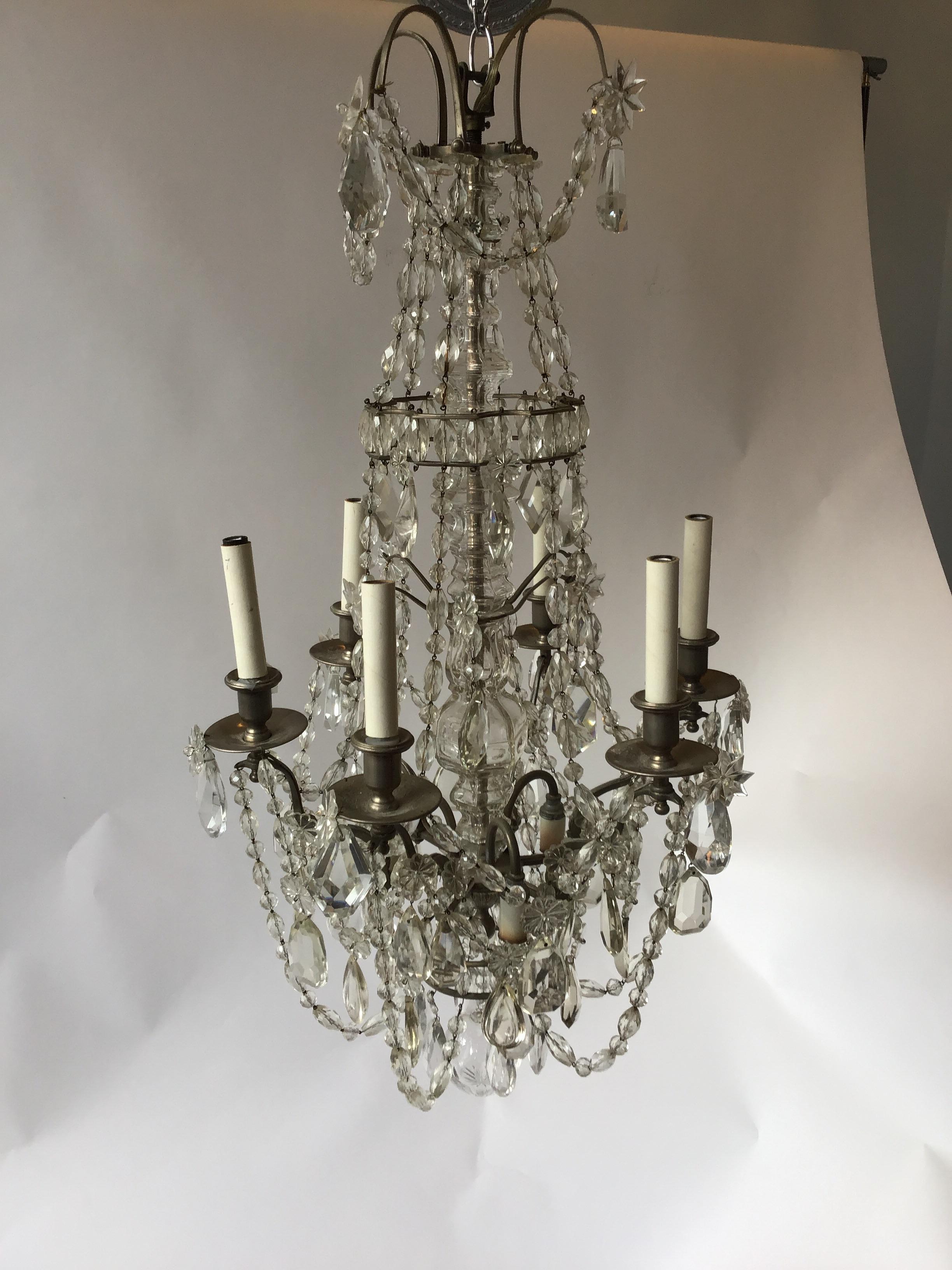 Mid-20th Century 1940s French 6-arm Crystal Chandelier For Sale