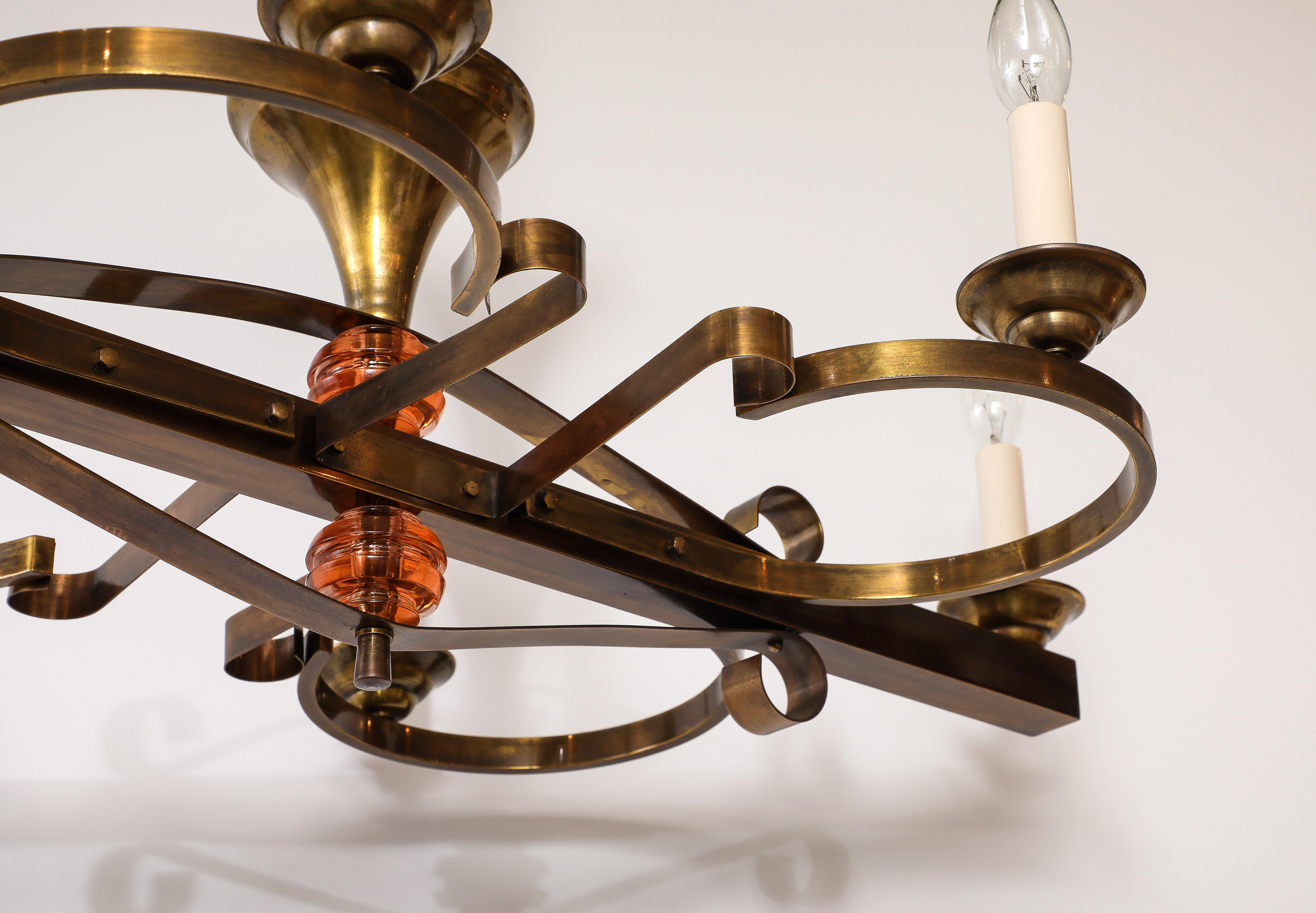 1940's French Art-Deco 6 Arm Brass Chandelier For Sale 6