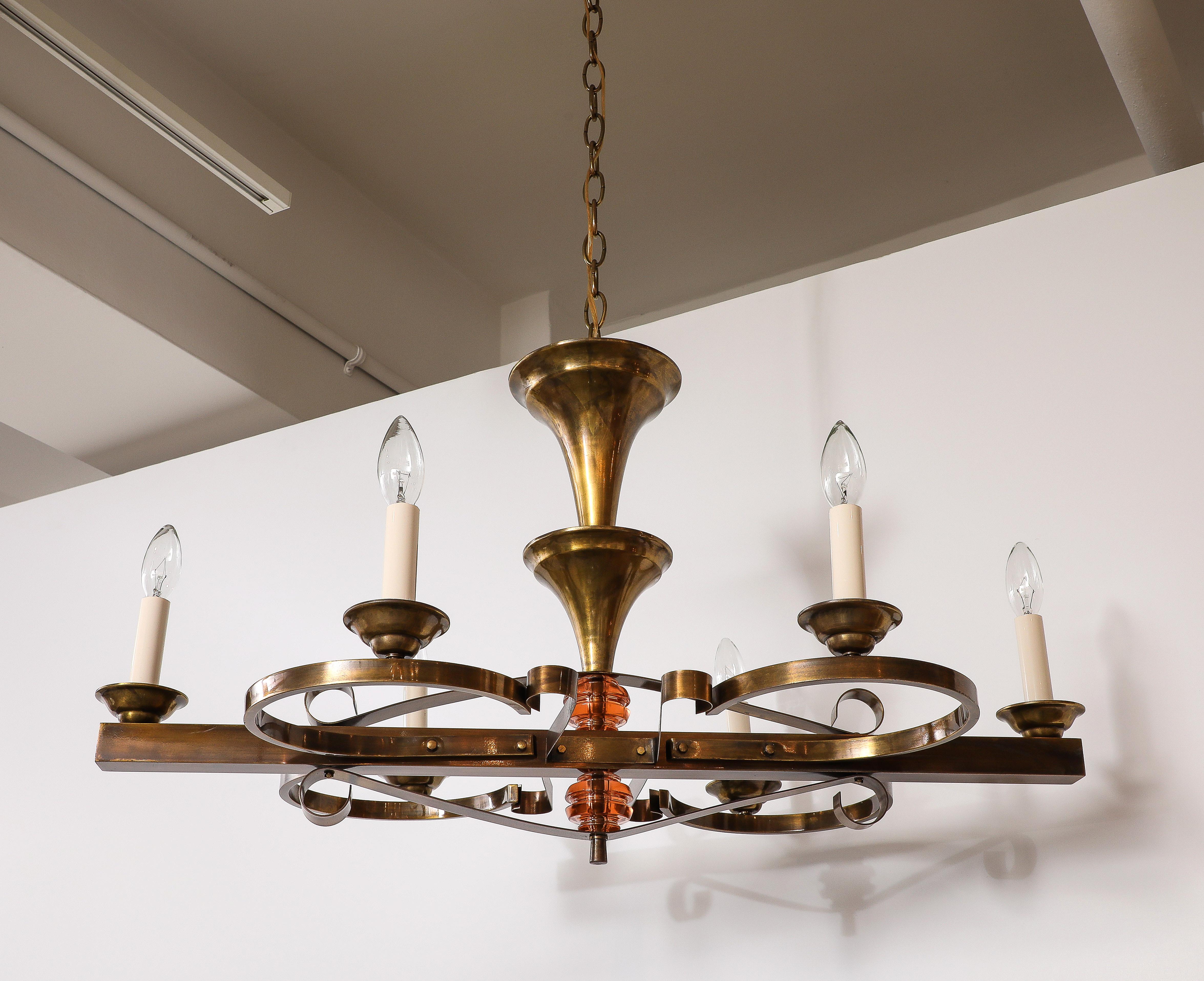 1940's French Art-Deco 6 Arm Brass Chandelier In Good Condition For Sale In New York, NY
