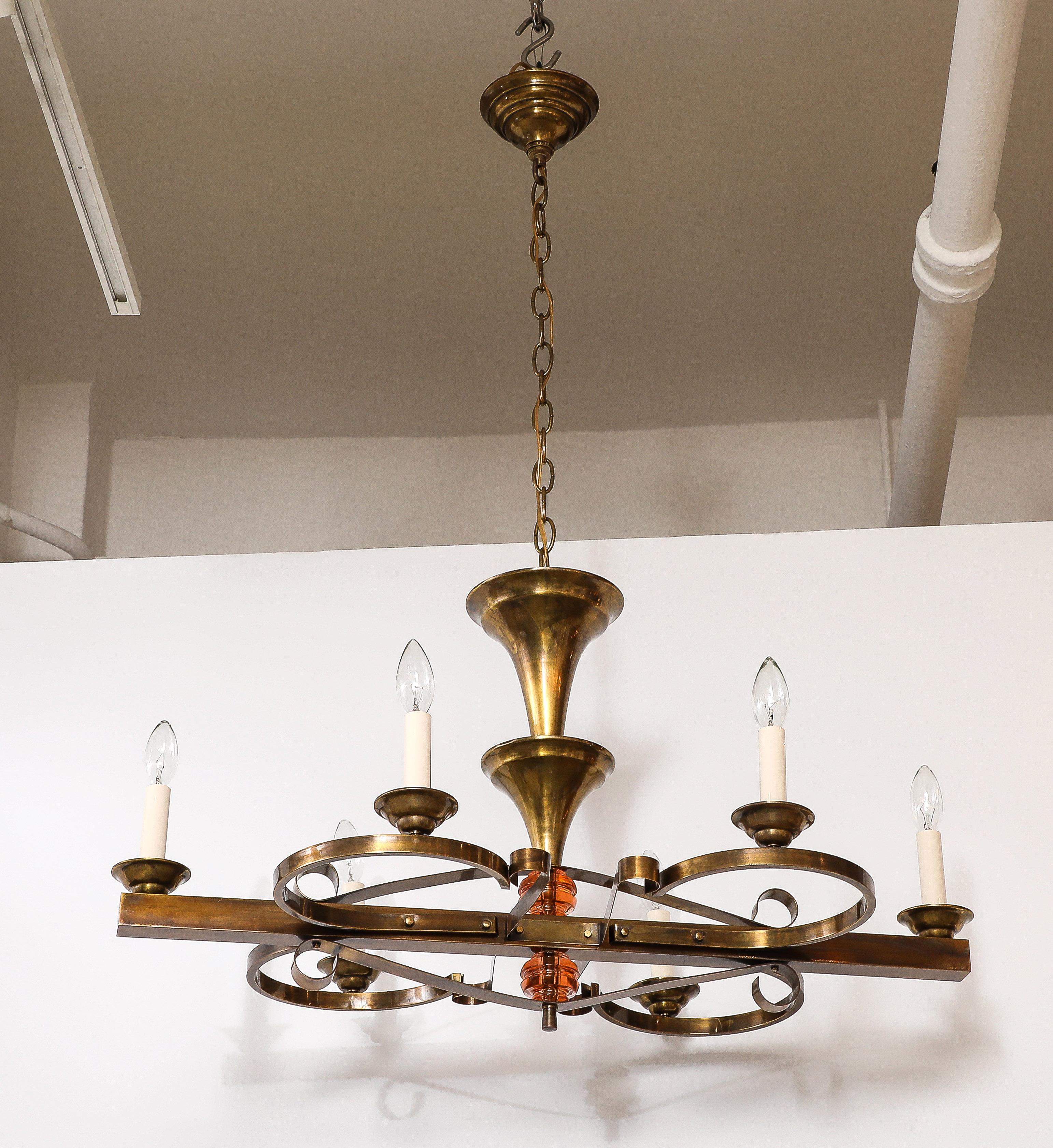 1940's French Art-Deco 6 Arm Brass Chandelier For Sale 2