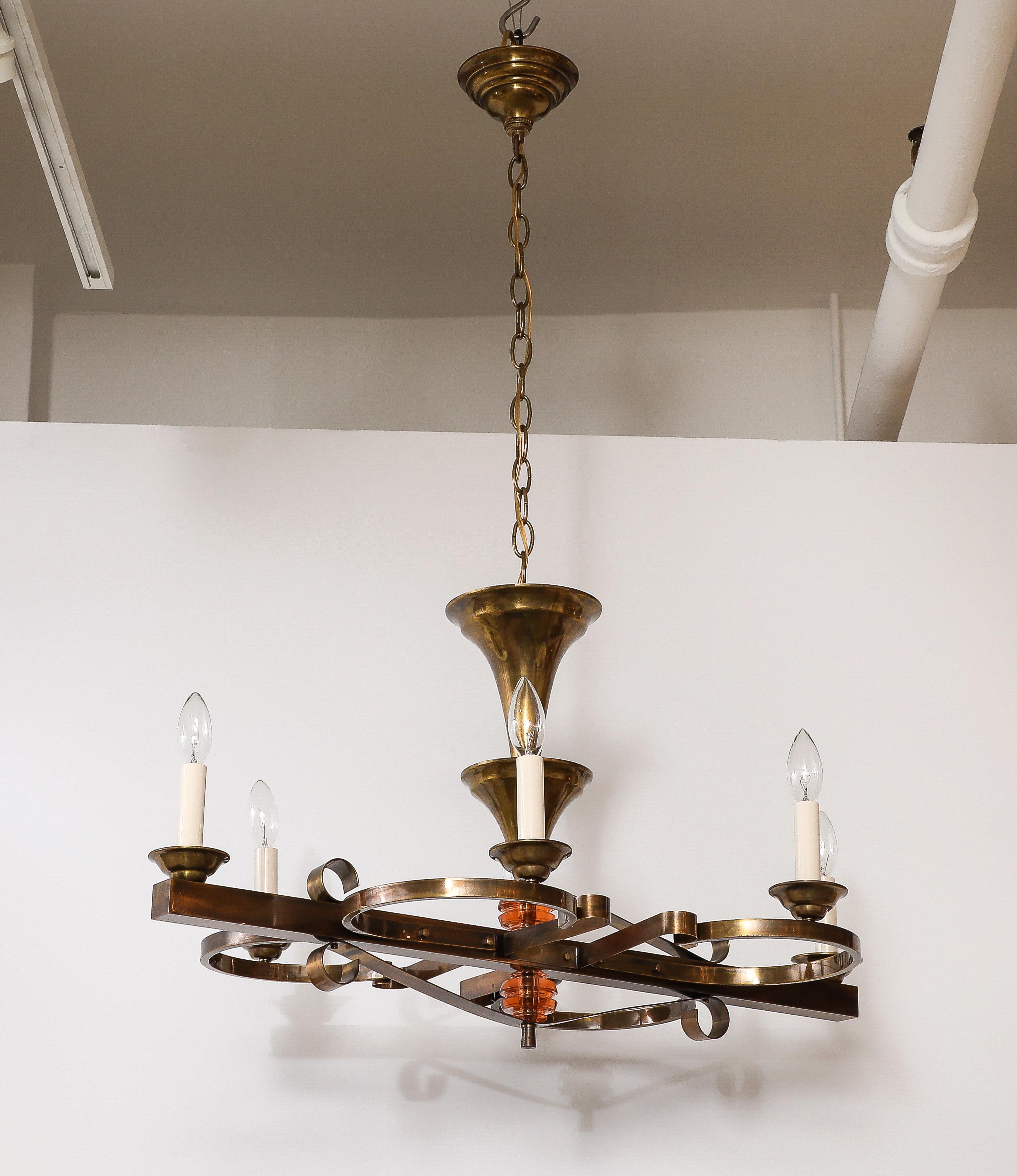 1940's French Art-Deco 6 Arm Brass Chandelier For Sale 4