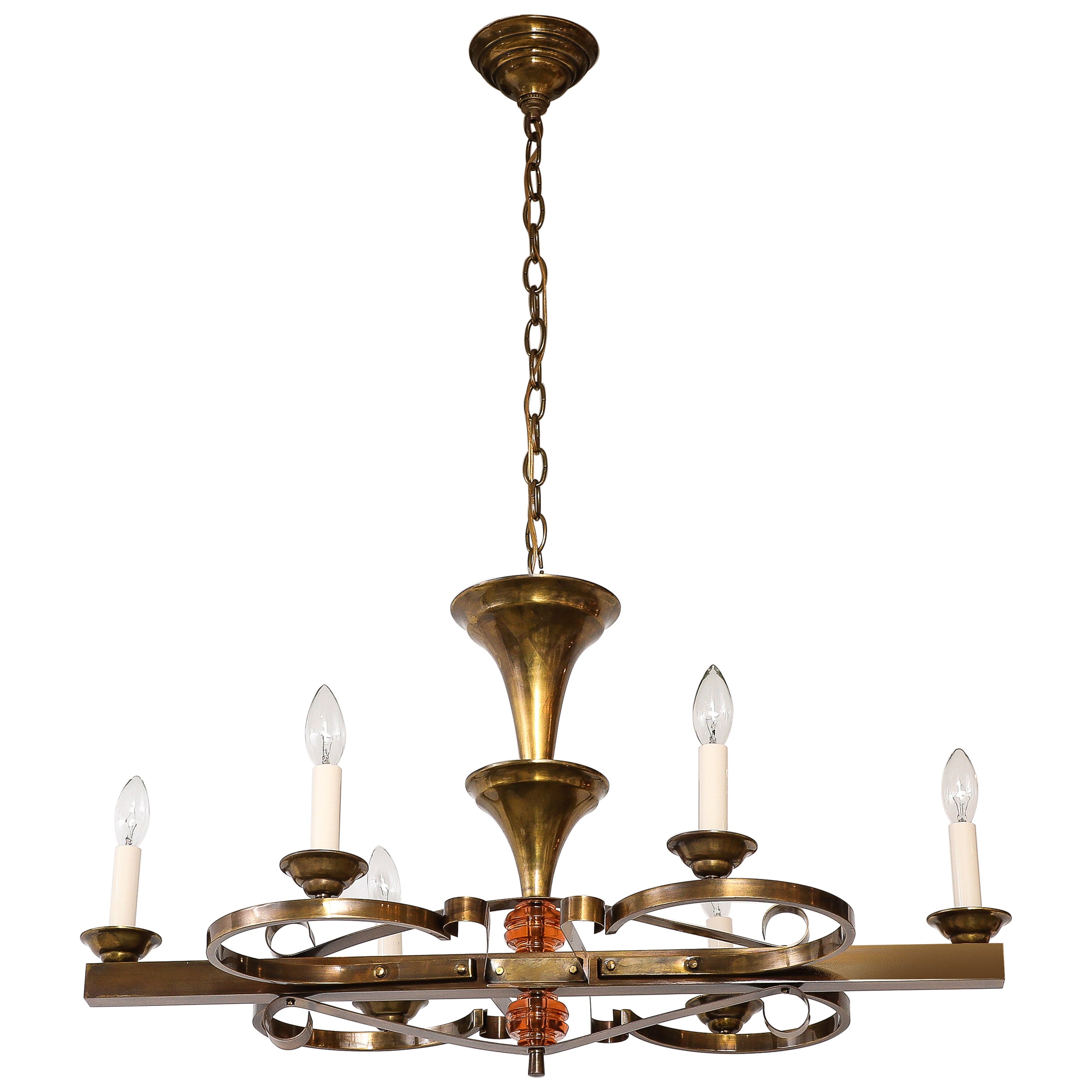 Lampadario francese Art-Deco a 6 bracci in ottone degli anni '40
