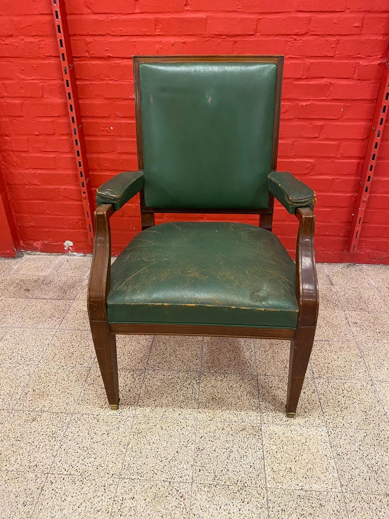 1940s French Art Deco armchair in the style of André Arbus.
mahogany and leather
the leather is not holed, but it is worn.
