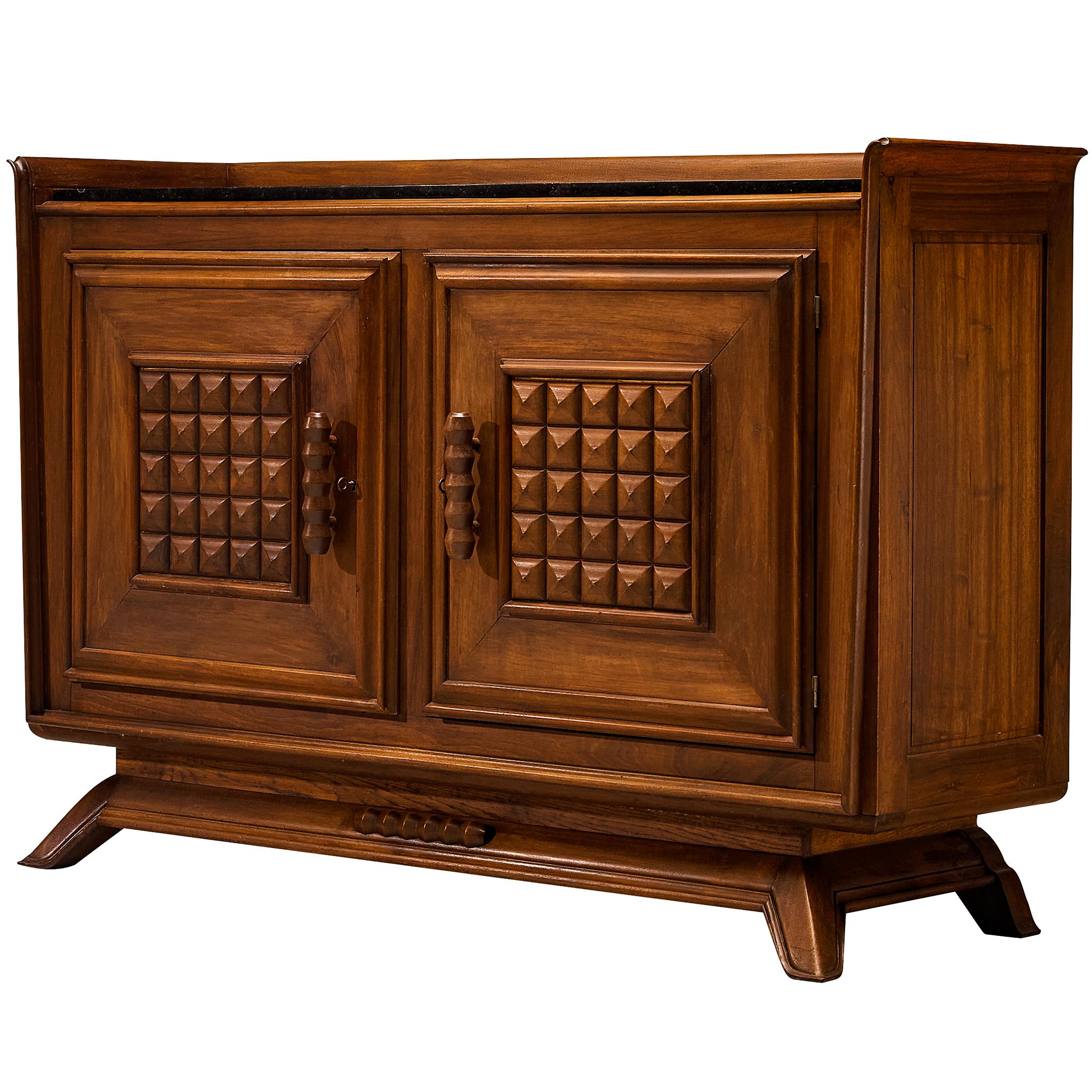 1940s French Art Deco Cabinet in Solid Walnut and Fossil Stone For Sale