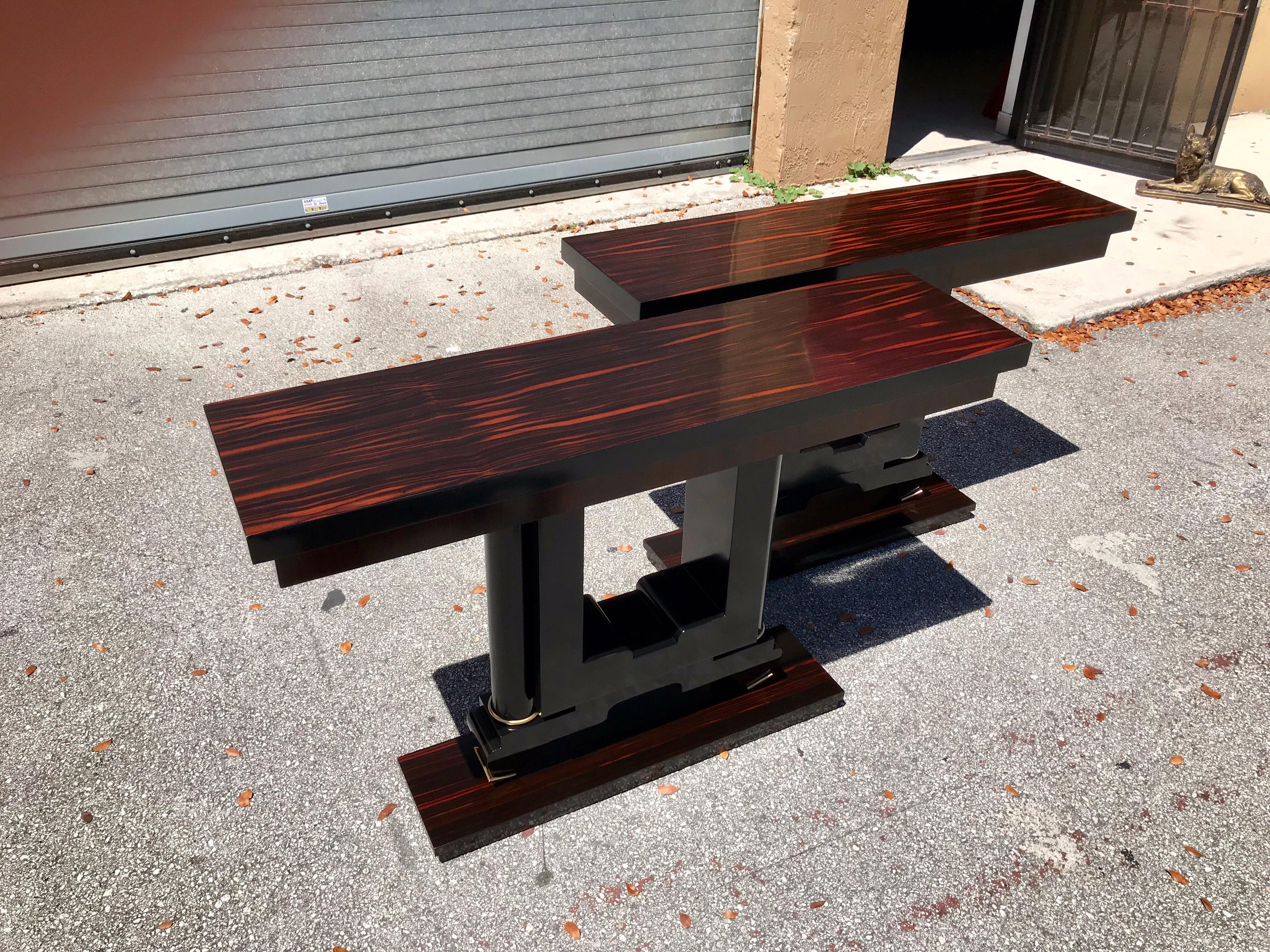 Mid-20th Century 1940s French Art Deco Macassar Ebony Console Tables, a Pair