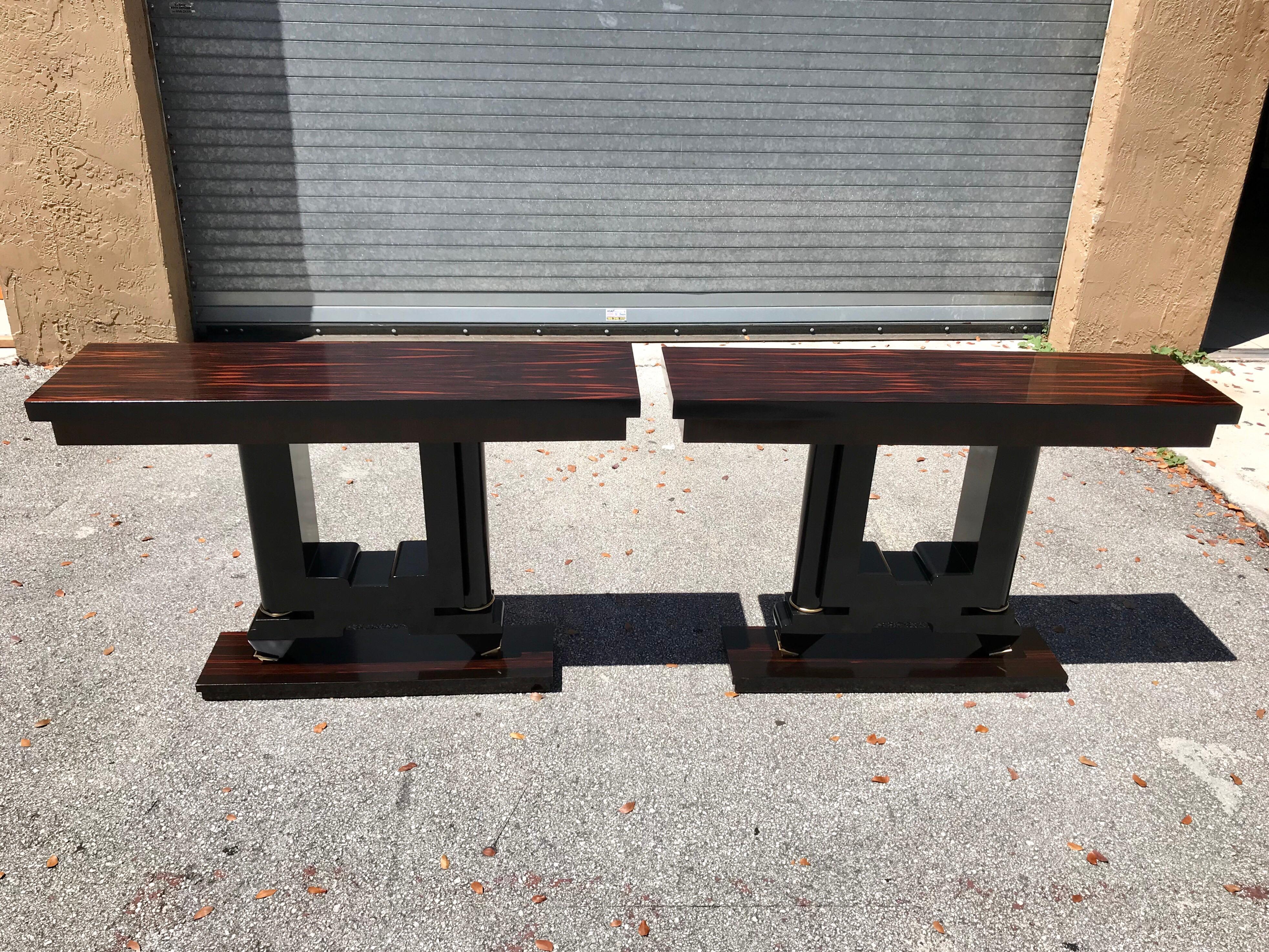 Brass 1940s French Art Deco Macassar Ebony Console Tables, a Pair