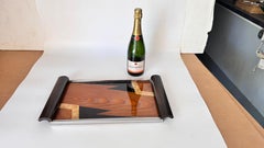 1940s French Art Deco Marquetry Tray with Glass Top and Curved Wooden Handles