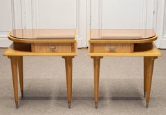 1940s French Art Deco Nightstands With Brown Mirrored Glass Top In Birch