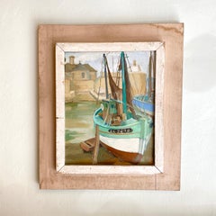 1940s French Art Deco Oil Painting with Harbor Scene
