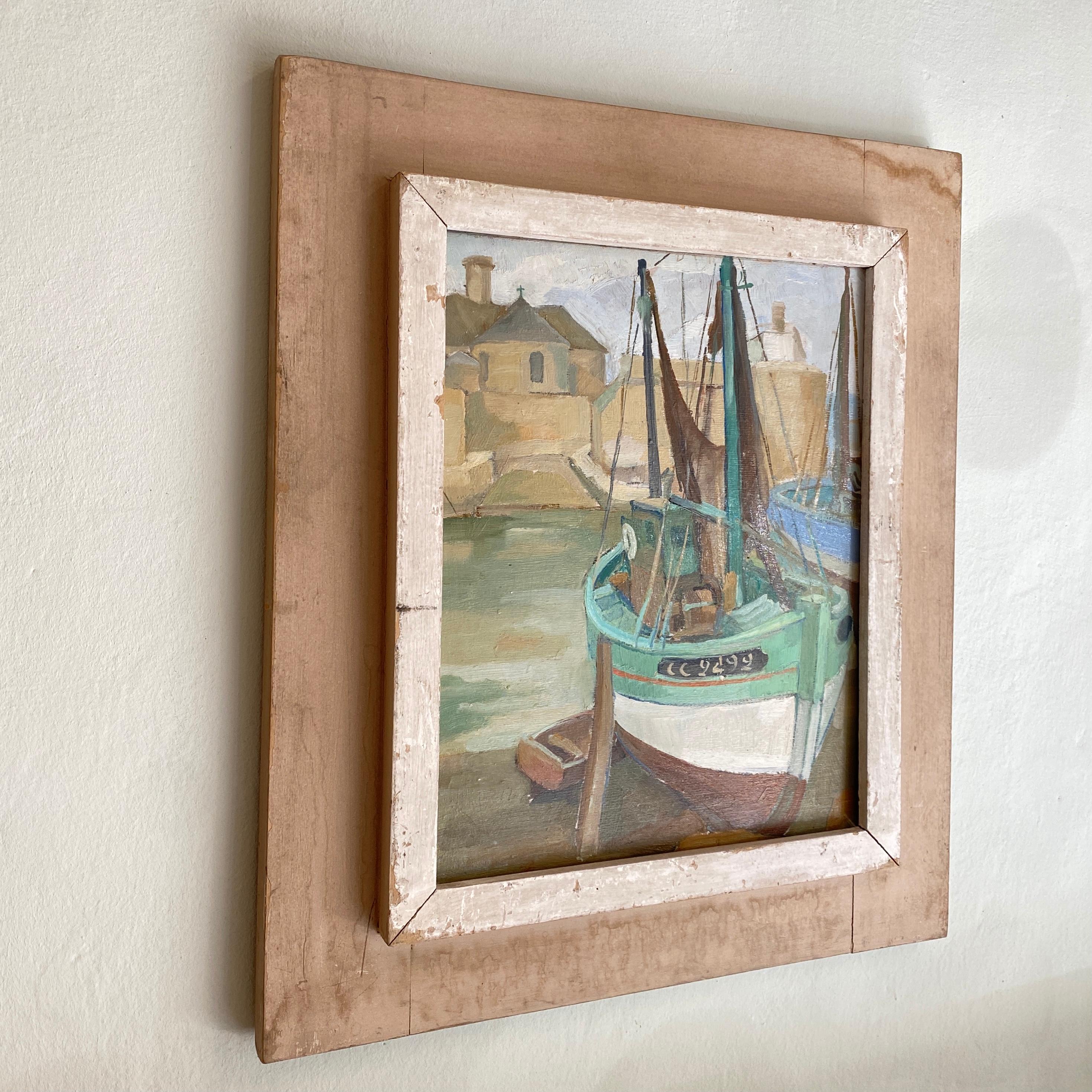 Arts and Crafts 1940s French Art Deco Oil Painting with Harbor Scene