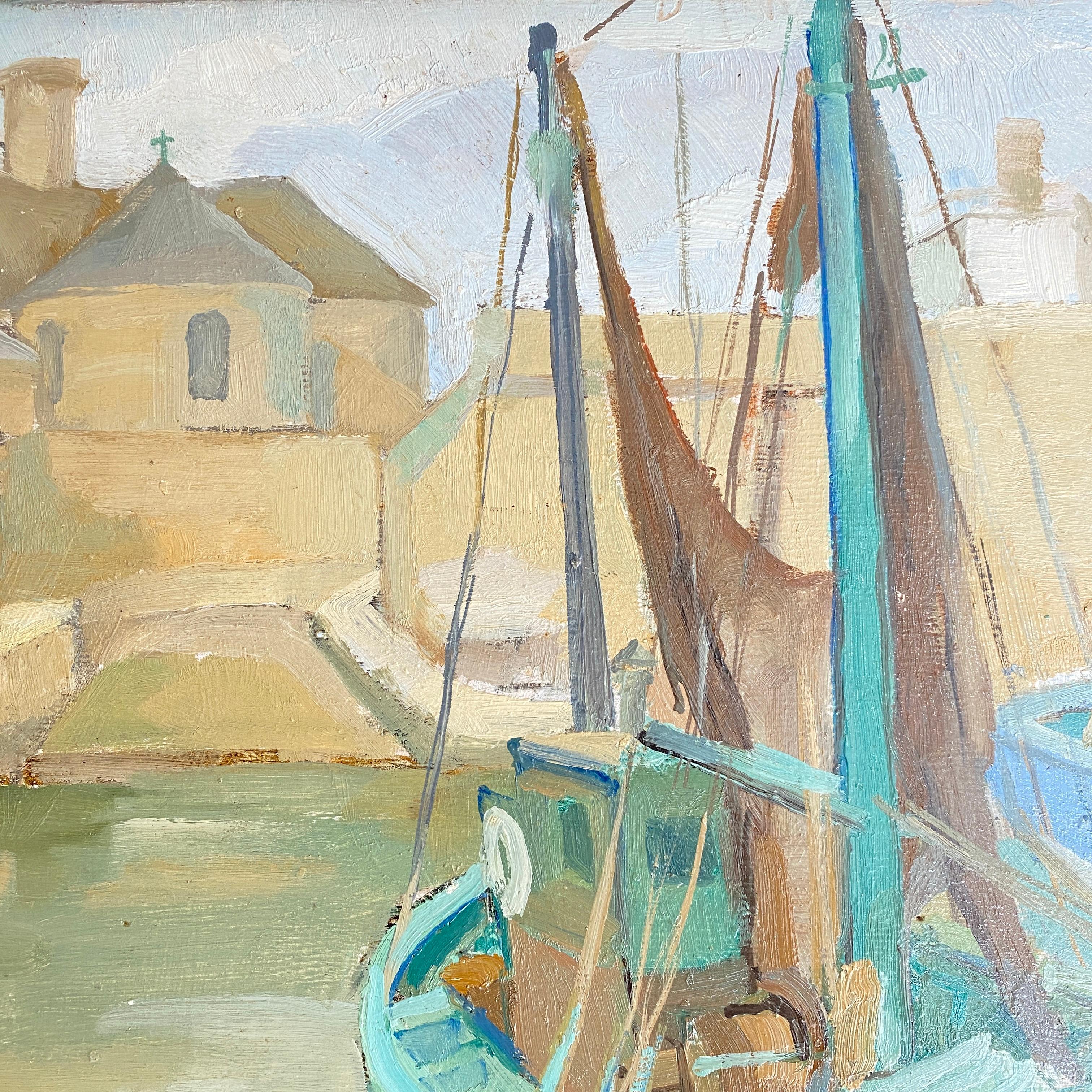 1940s French Art Deco Oil Painting with Harbor Scene 1