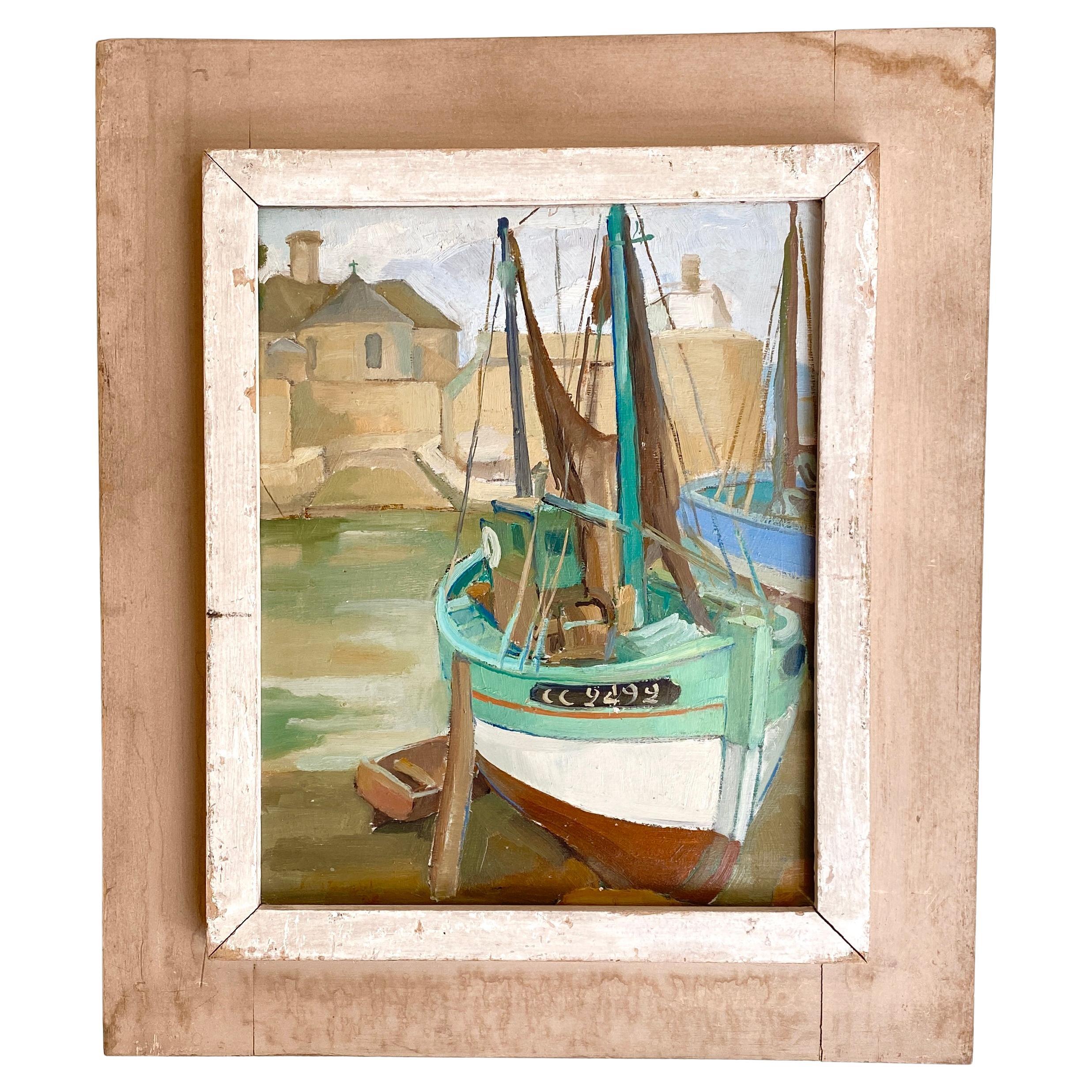 1940s French Art Deco Oil Painting with Harbor Scene