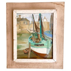 1940s French Art Deco Oil Painting with Harbor Scene