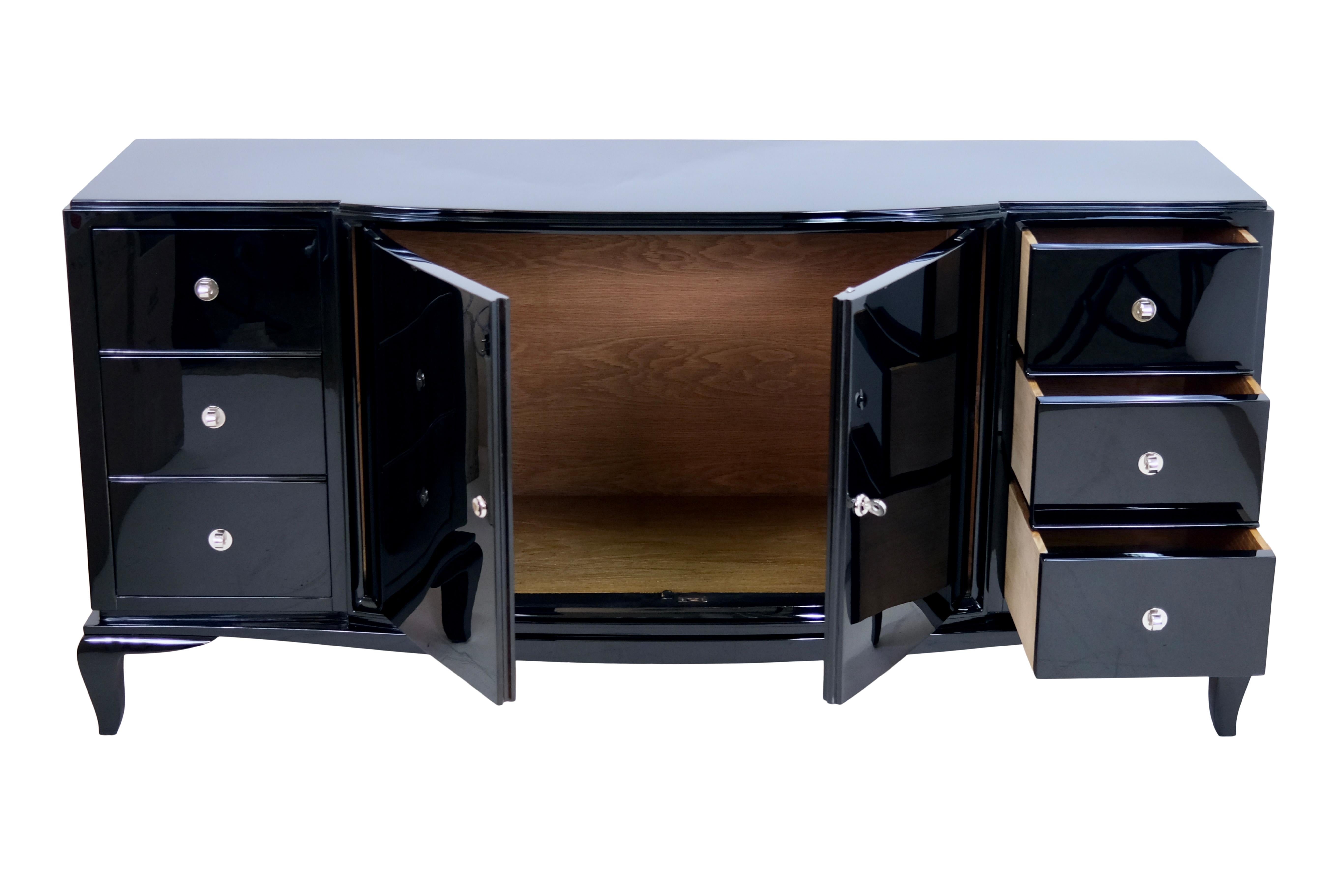 Blackened 1940s French Art Deco Sideboard in Black Piano Lacquer with Drawers and Doors For Sale
