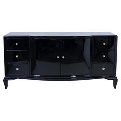 Vintage 1940s French Art Deco Sideboard in Black Piano Lacquer with Drawers and Doors