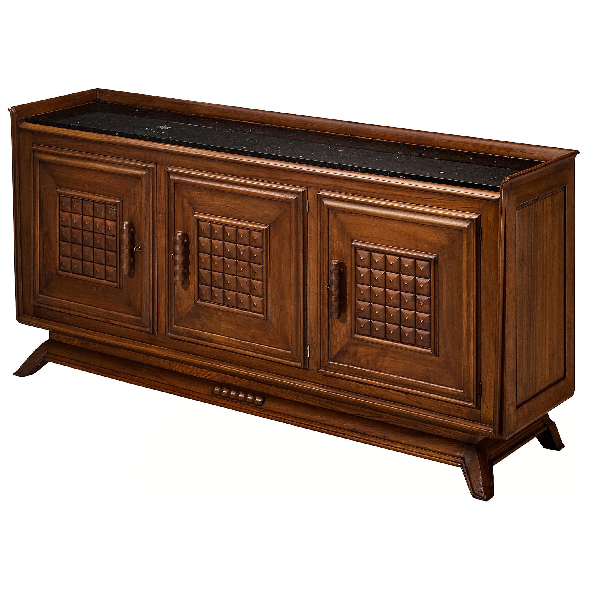 1940s French Art Deco Sideboard in Solid Walnut and Fossil Stone
