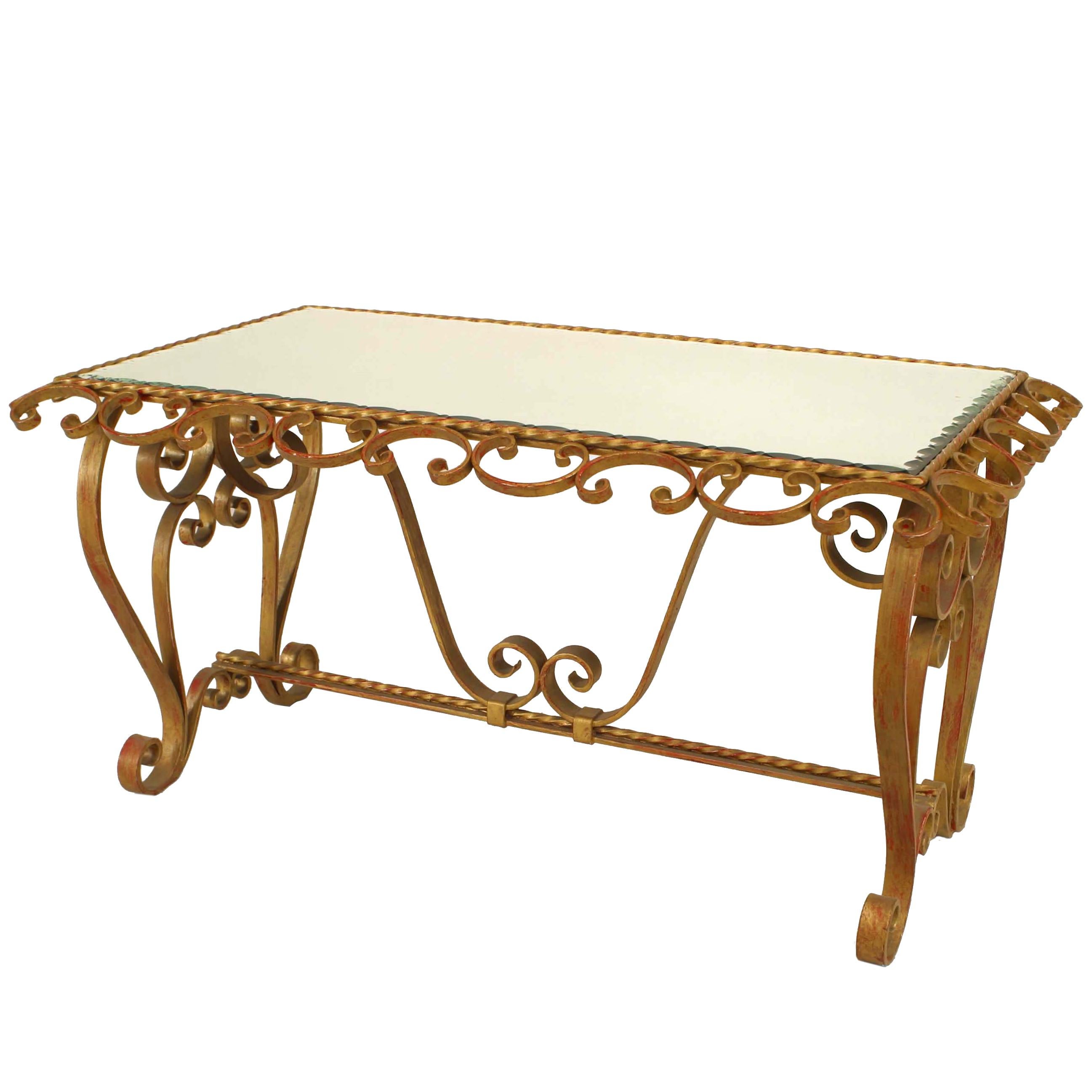 French Art Moderne Gilt Iron and Mirror Coffee Table For Sale