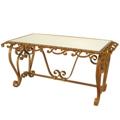 Vintage French Art Moderne Gilt Iron and Mirror Coffee Table