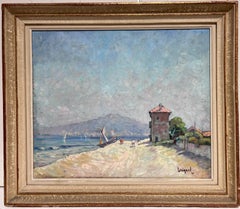 Signed French Impressionist 1940's Oil Painting Boats Figures on Martigues Beach