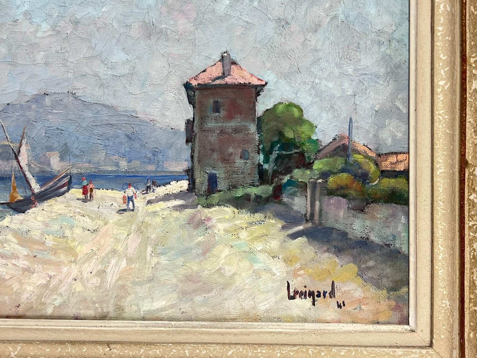 Signed French Impressionist 1940's Oil Painting Boats Figures on Martigues Beach For Sale 1