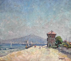 Signed French Impressionist 1940's Oil Painting Boats Figures on Martigues Beach