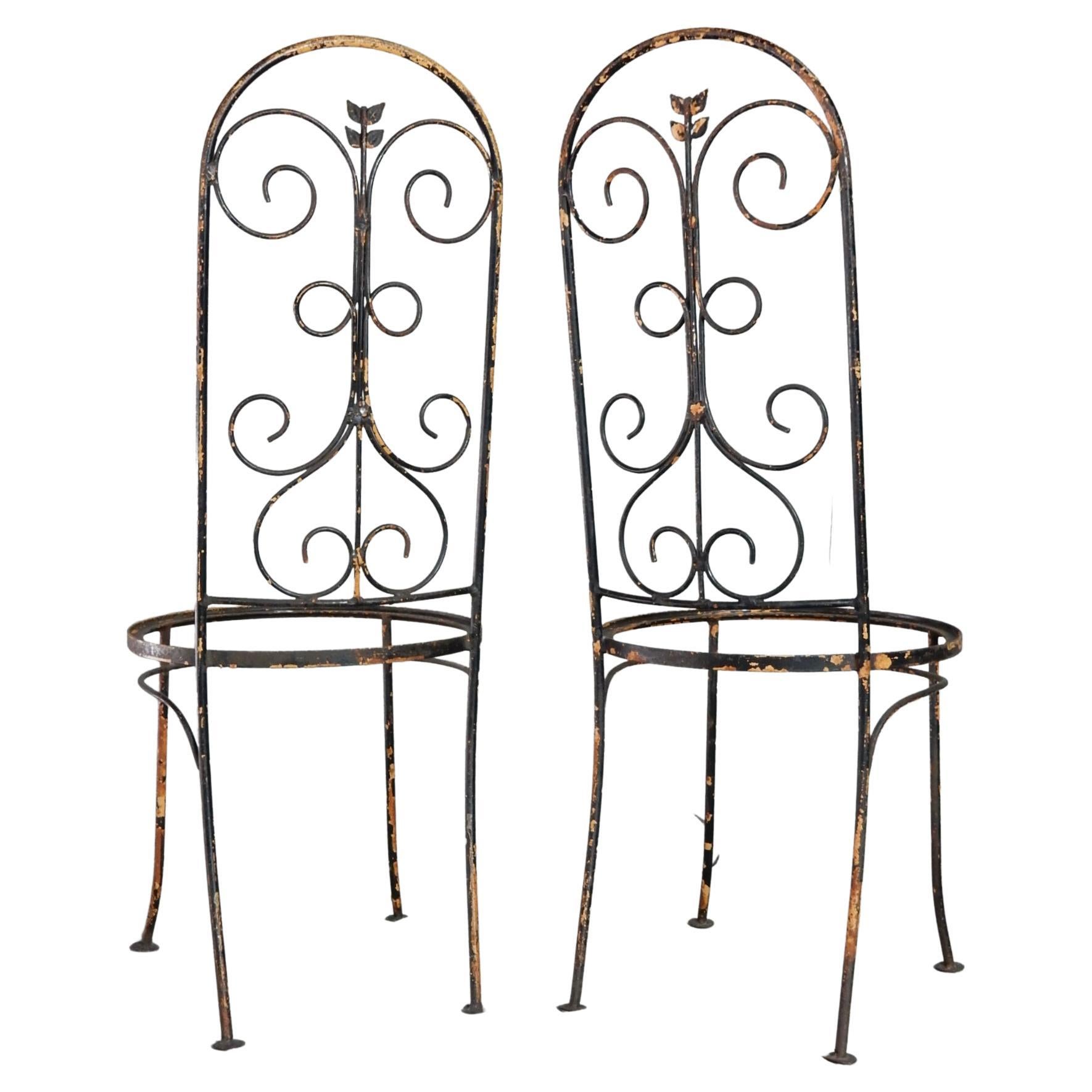 French Provincial 1940's French Artistic Iron Tall Back Garden Patio Chairs For Sale