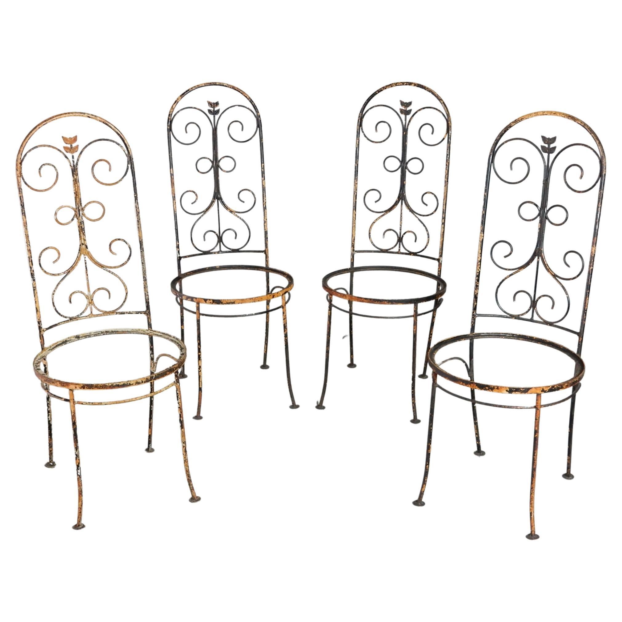1940's French Artistic Iron Tall Back Garden Patio Chairs For Sale
