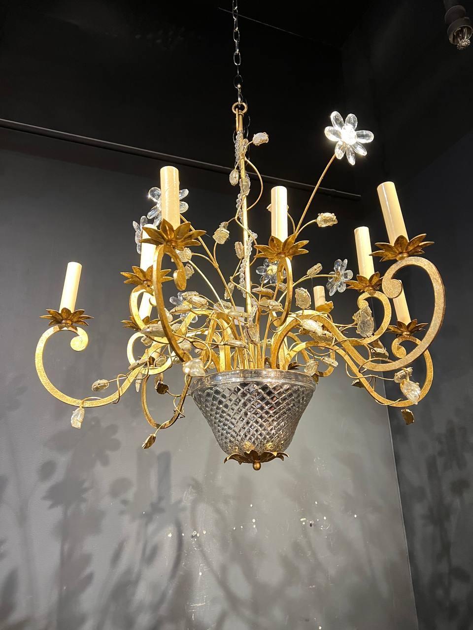 French Provincial 1940’s French Bagues 12 Lights Chandelier with Glass Body  For Sale