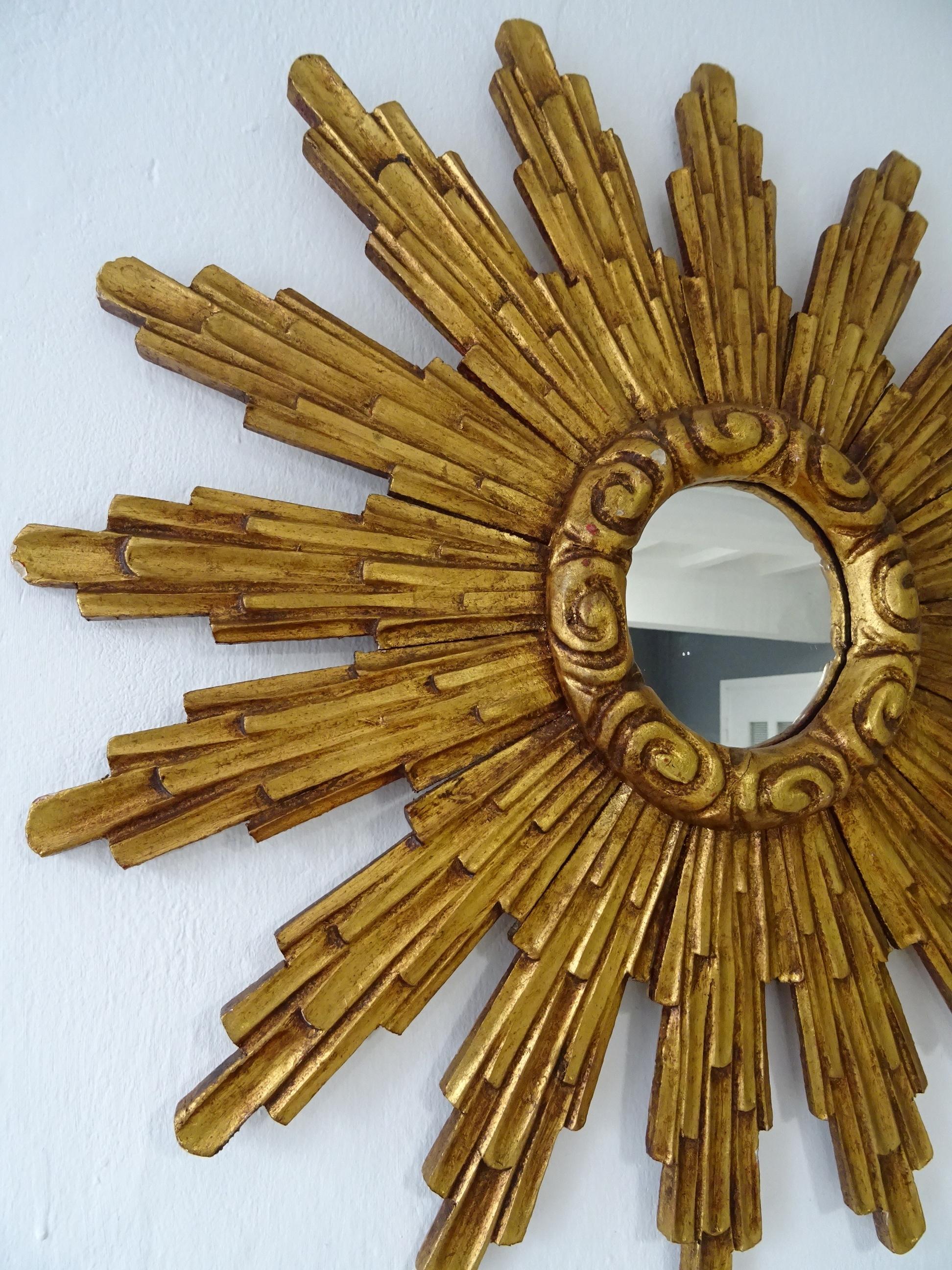 Baroque 1940s French Big Gold Gilt Sunburst Starburst Mirror For Sale