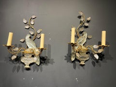 1940’s French Gilt Metal and Crystal Bird Sconces with 2 Lights