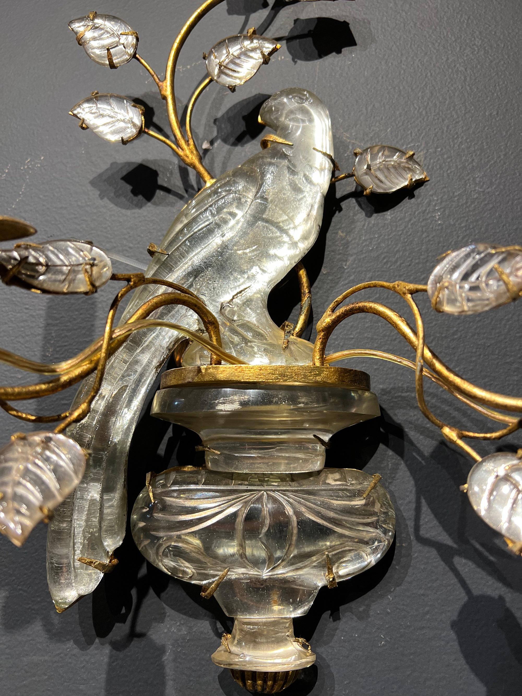 French Provincial 1940’s French Gilt Metal and Crystal Bird Sconces with 2 Lights For Sale