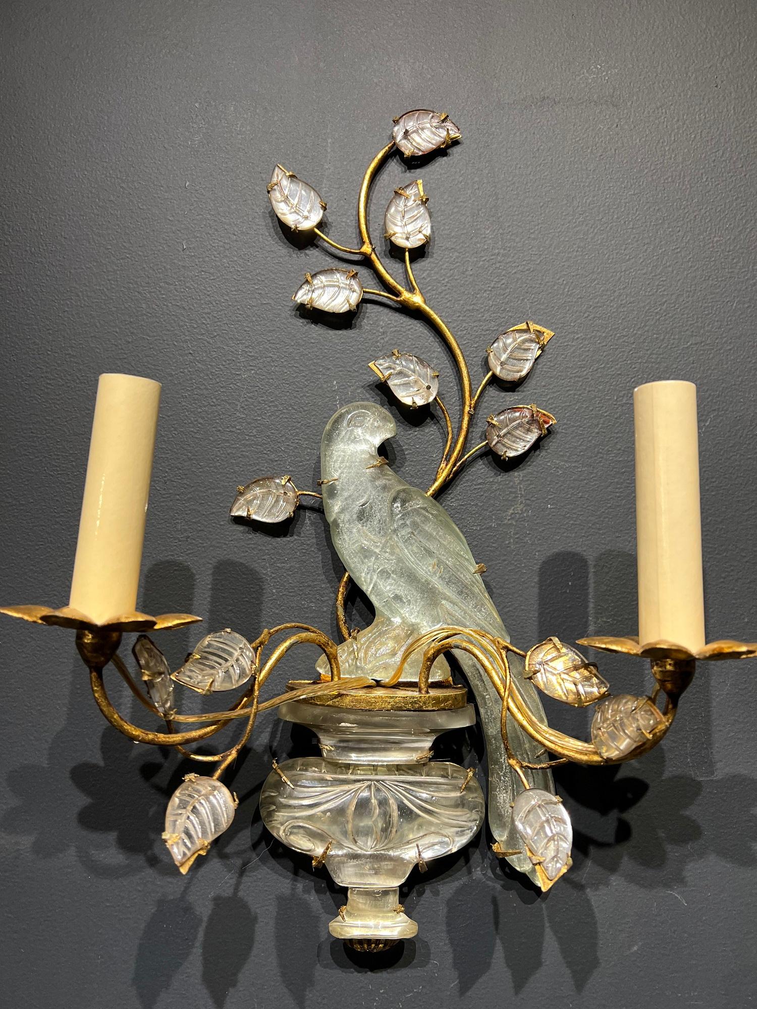 1940’s French Gilt Metal and Crystal Bird Sconces with 2 Lights In Good Condition For Sale In New York, NY