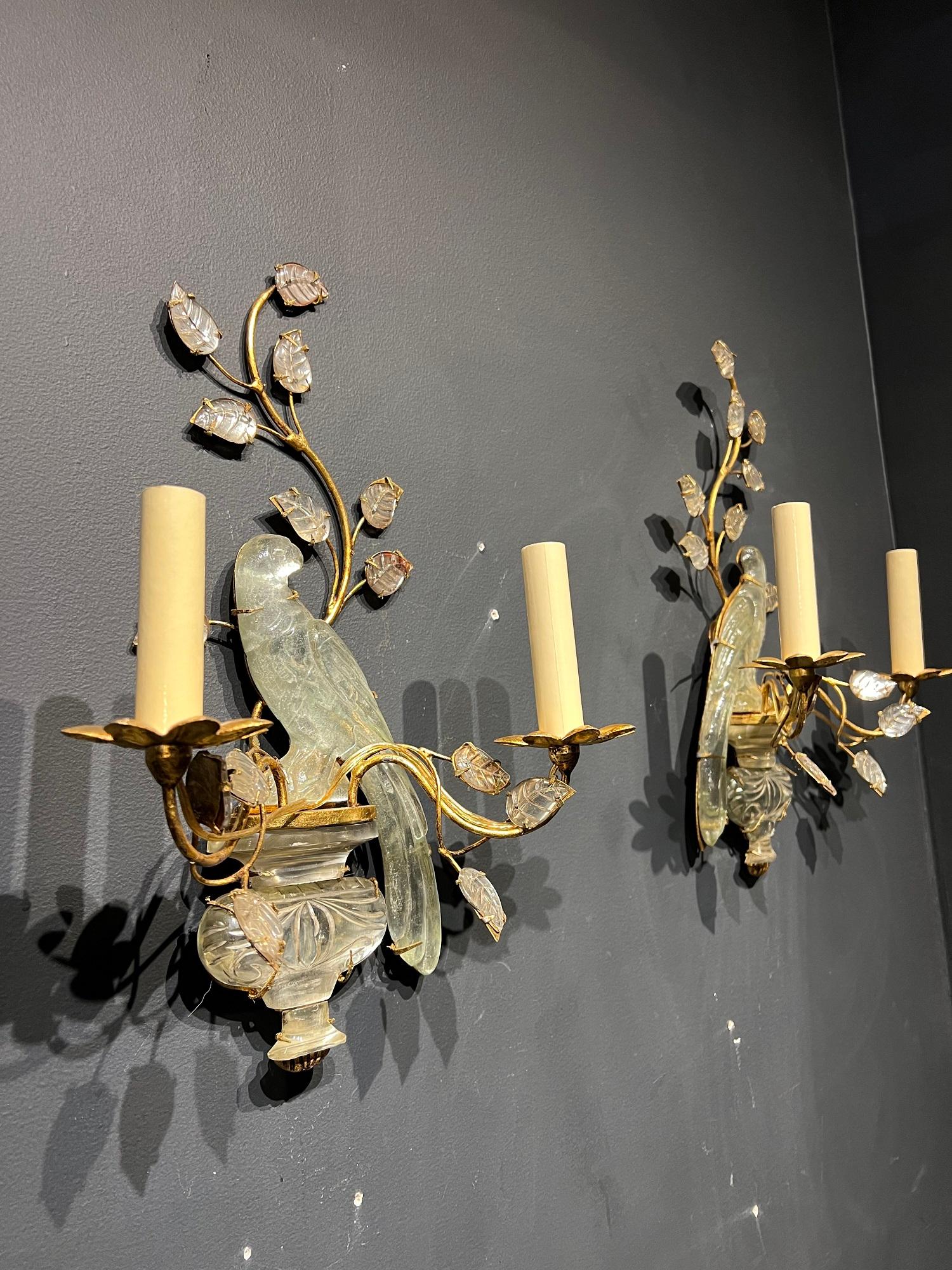 Mid-20th Century 1940’s French Gilt Metal and Crystal Bird Sconces with 2 Lights For Sale