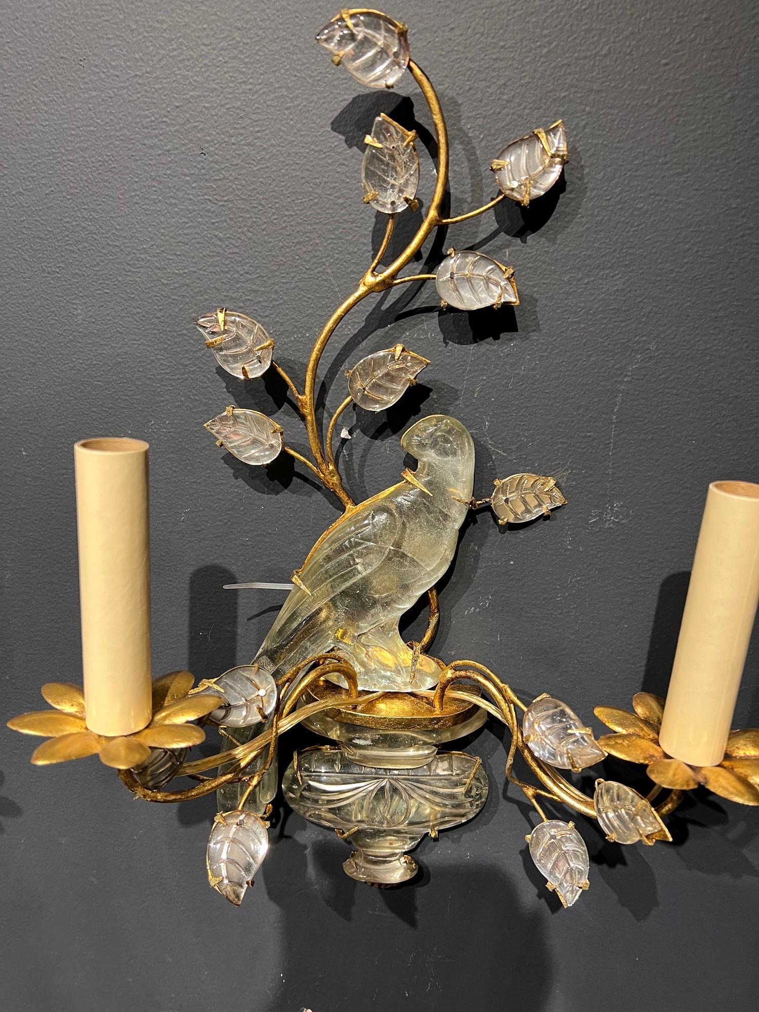 Bronze 1940’s French Gilt Metal and Crystal Bird Sconces with 2 Lights For Sale