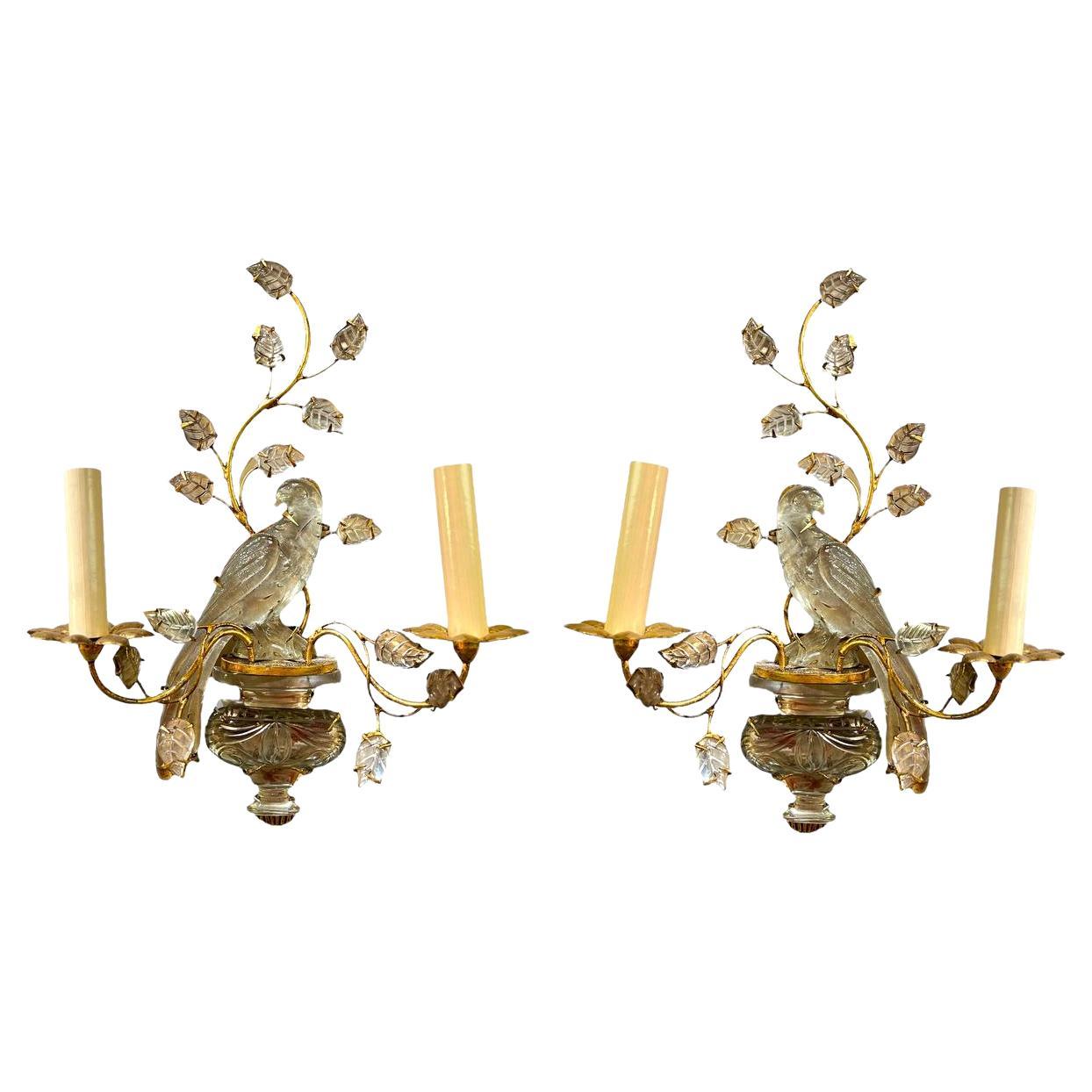 1940’s French Gilt Metal and Crystal Bird Sconces with 2 Lights For Sale