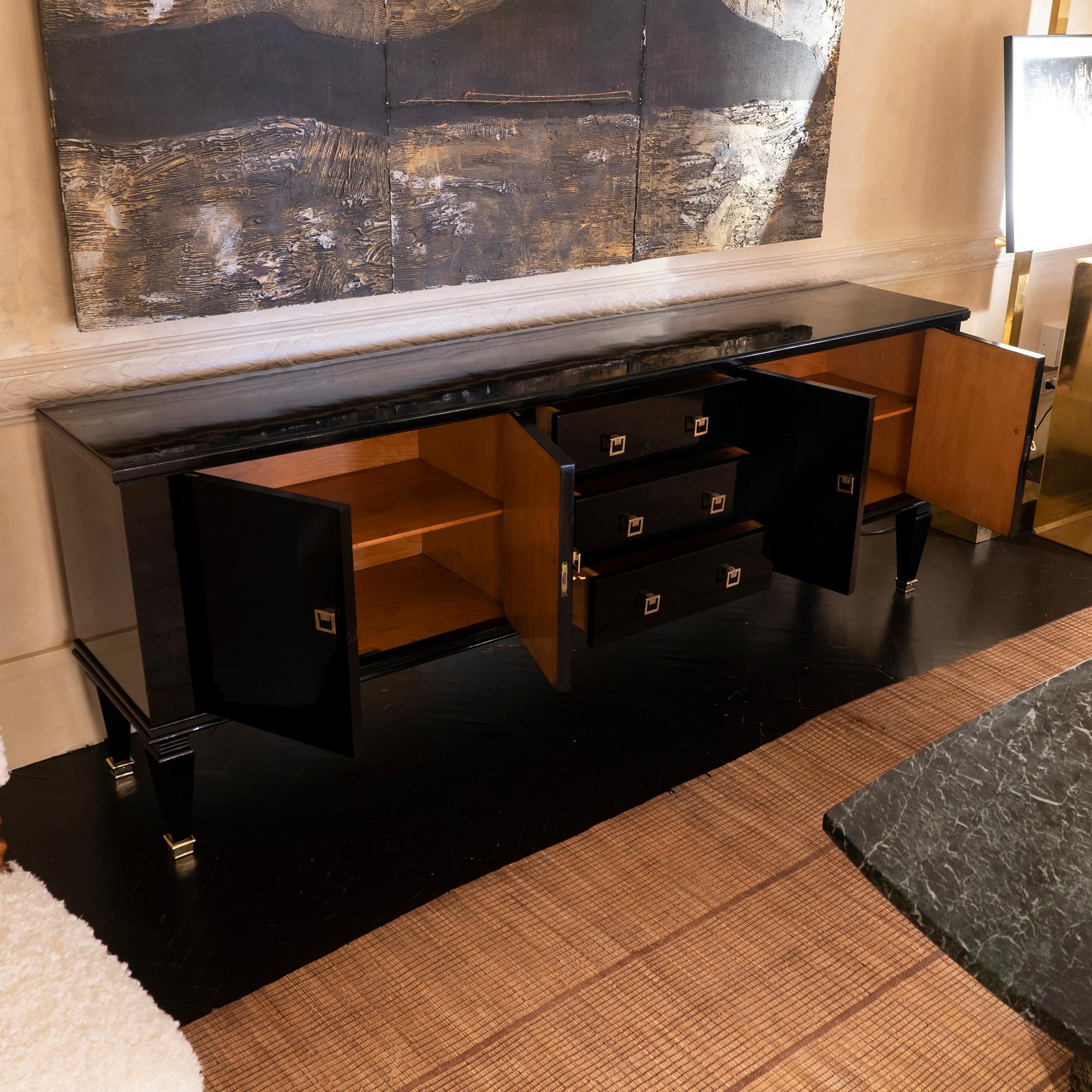 Mid-Century Modern 1940s French Black Lacquered Sideboard Brass Details