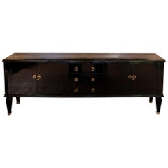 1940s French Black Lacquered Sideboard Brass Details