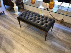 1940s French Black Leather Bronze Legs Bench