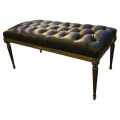 1940s French Black Leather Bronze Legs Bench